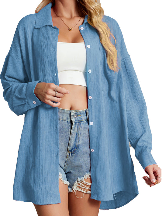 Sprinmer Button Down Shirt for Women Casual Long Sleeve Oversize Fit with Pocket