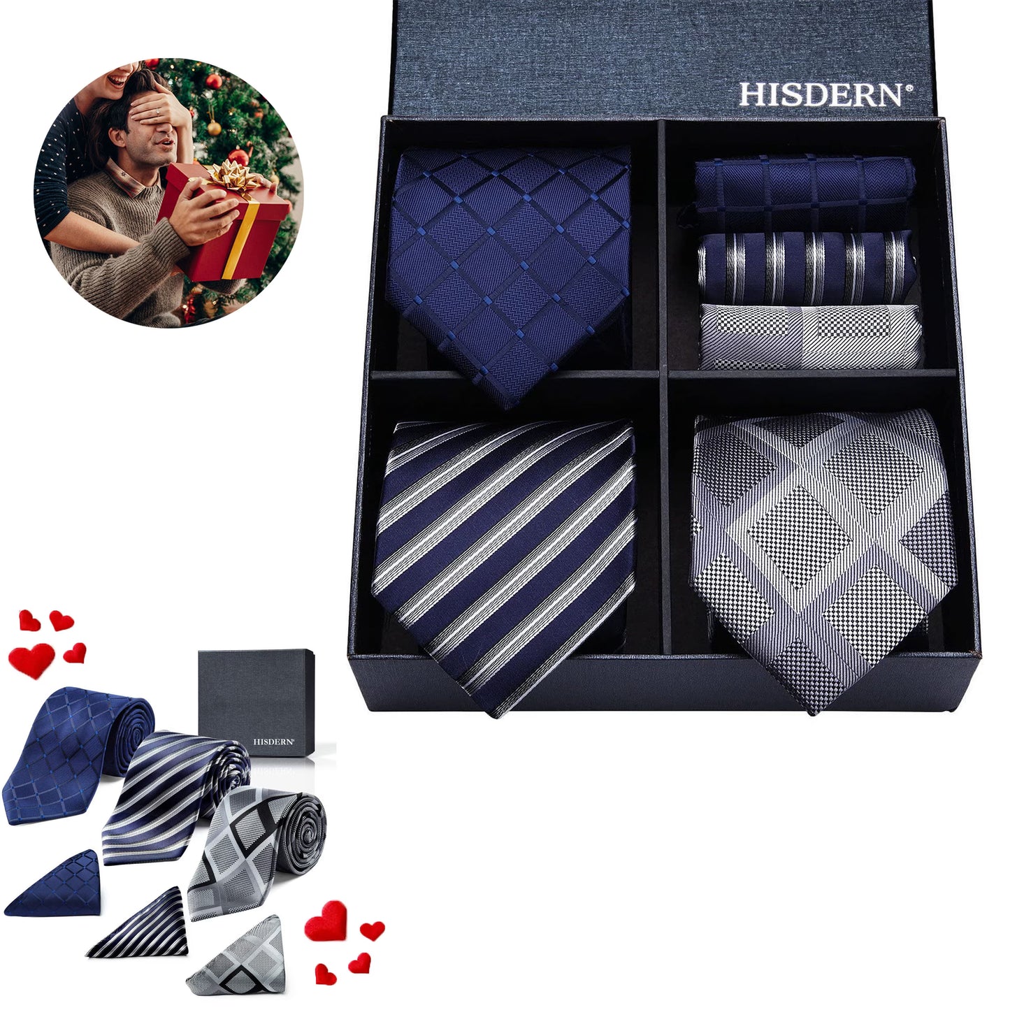 HISDERN Mens Ties Set Formal Plaid Tie 3 Pcs Neckties & Pocket Square Gift Set Business Weddings