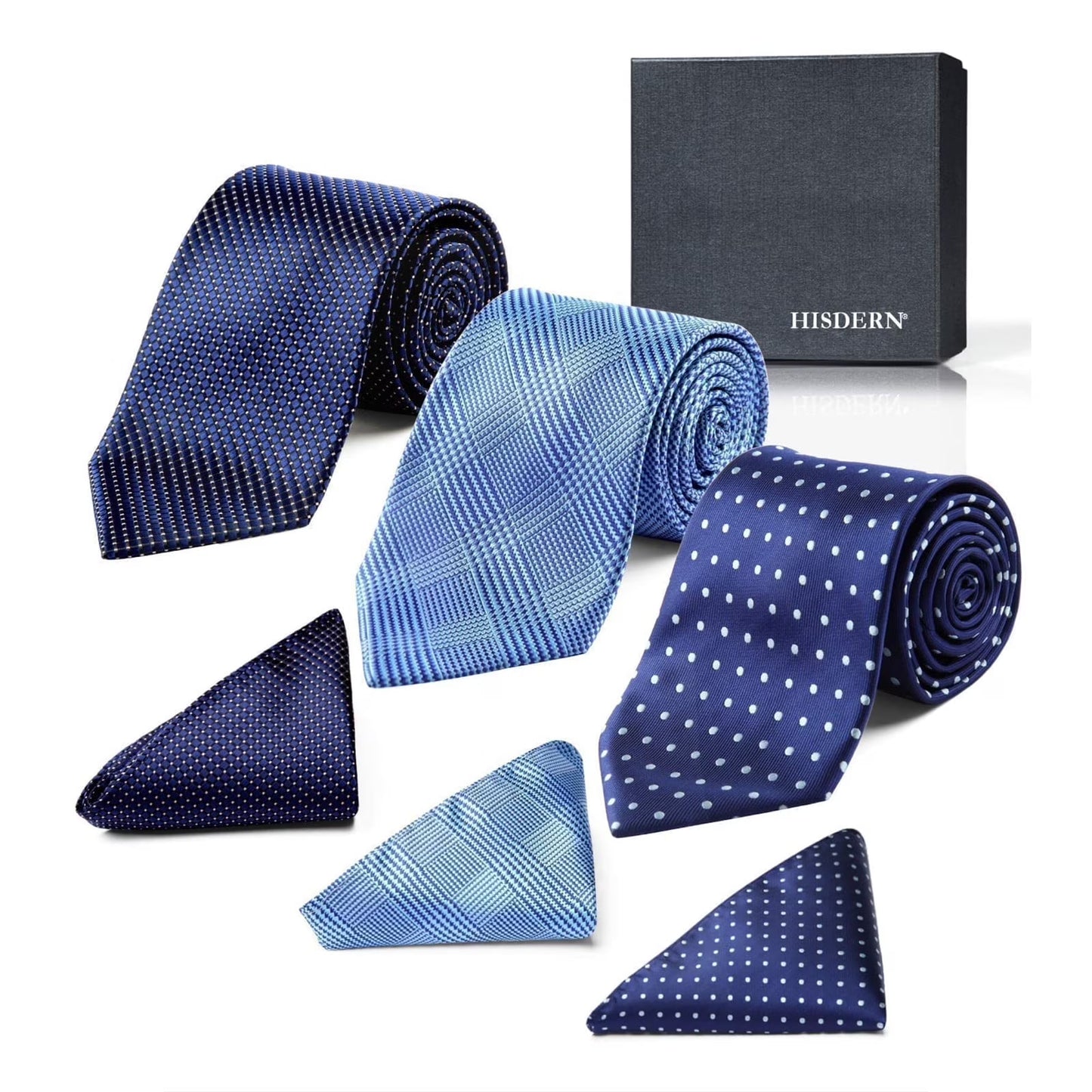 HISDERN Mens Ties Set Formal Plaid Tie 3 Pcs Neckties & Pocket Square Gift Set Business Weddings