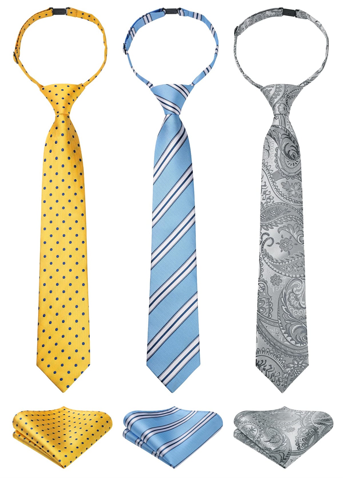 3pcs Boys Pre-Tied Neckties & Pocket Square Set Adjustable Neck Strap Tie for Kids School Boys Ties