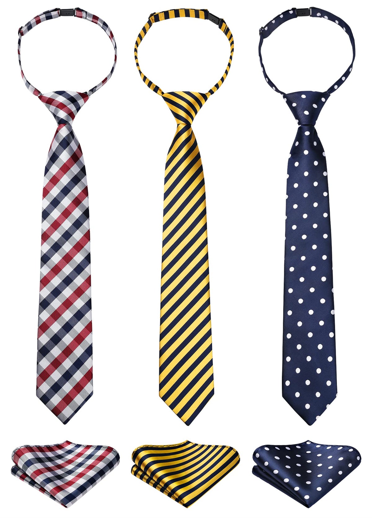 3pcs Boys Pre-Tied Neckties & Pocket Square Set Adjustable Neck Strap Tie for Kids School Boys Ties