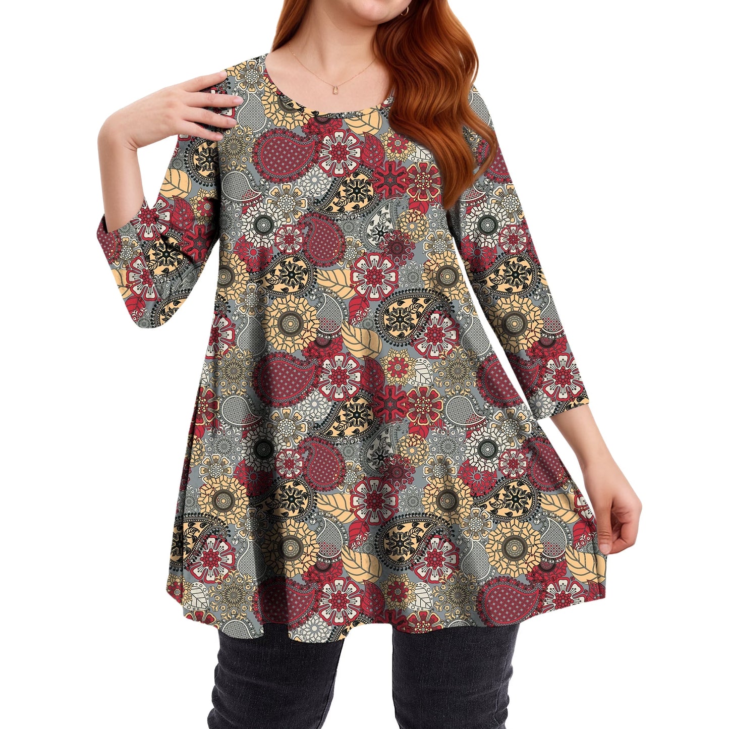 Sprinmer Womens Plus Size Blouses Casual 3/4 Sleeve Loose Fit Paisley Shirts for Leggings