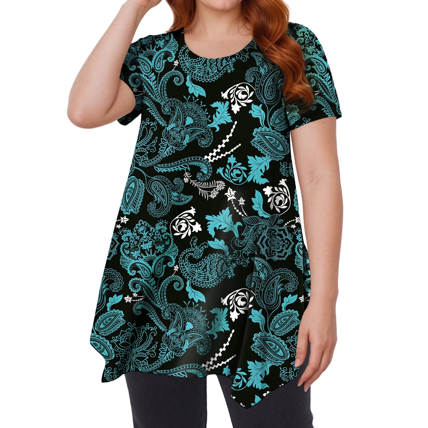 Sprinmer Womens Tunic Tops Short Sleeve Plus Size Shirts Swing Blouses Summer Red Paisley Floral Tops