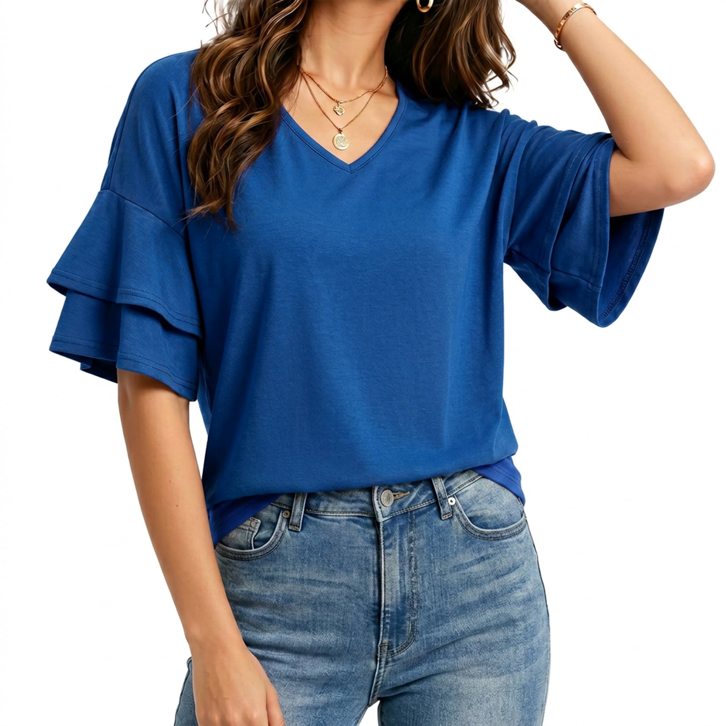 Sprinmer Summer Tops for Women Ruffle 3/4 Sleeve V Neck Top Double Tiered Bell Casual Dressy Blouses