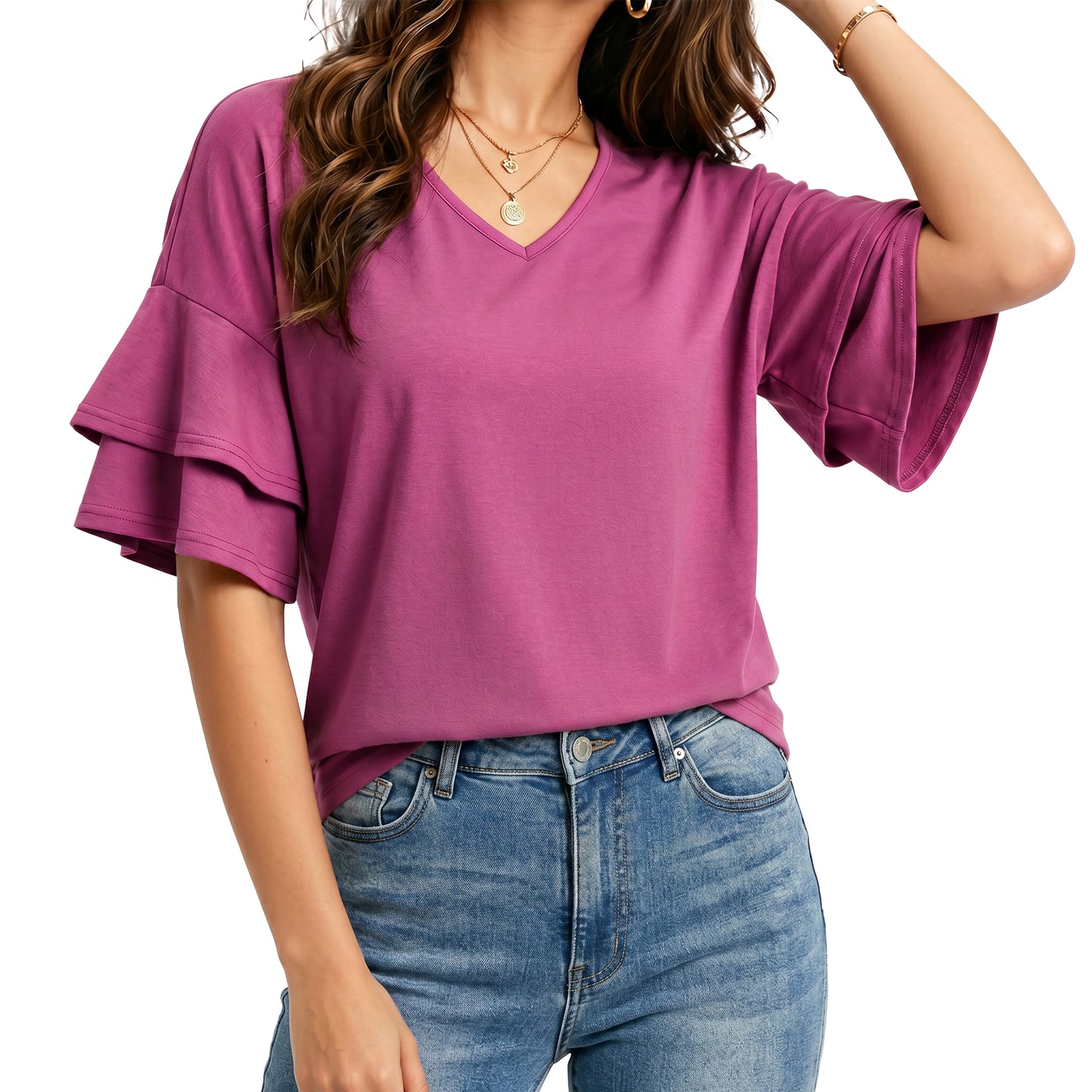 Sprinmer Summer Tops for Women Ruffle 3/4 Sleeve V Neck Top Double Tiered Bell Casual Dressy Blouses