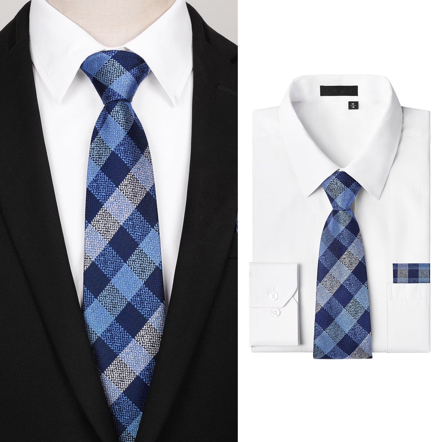 Men's Long Sleeve Dress Shirts Solid Color Button Down Shirts with Tie and Handkerchief Set Shirt