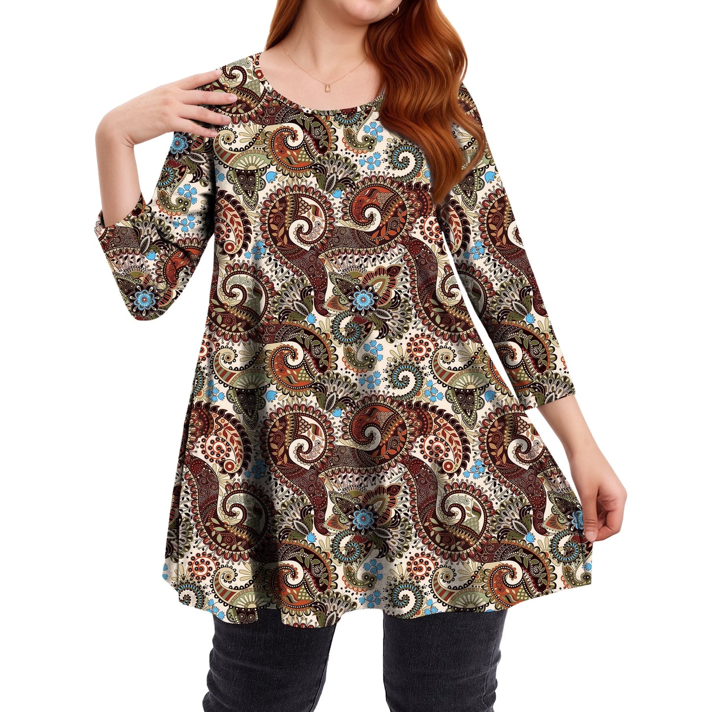 Sprinmer Womens Plus Size Blouses Casual 3/4 Sleeve Loose Fit Paisley Shirts for Leggings
