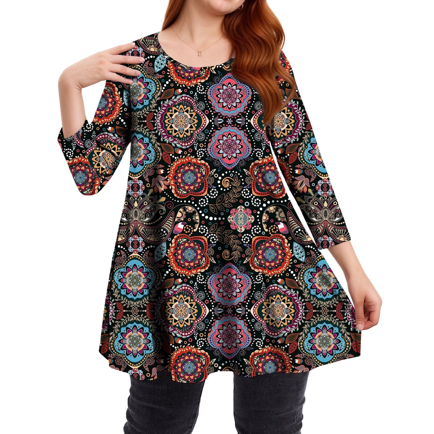 Sprinmer Womens Plus Size Blouses Casual 3/4 Sleeve Loose Fit Paisley Shirts for Leggings