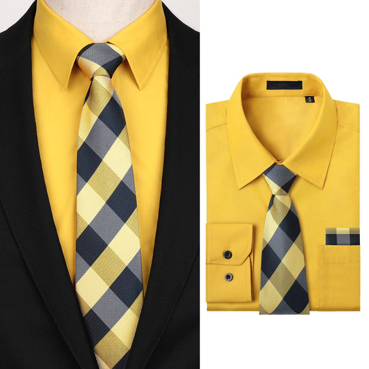 Men's Long Sleeve Dress Shirts Solid Color Button Down Shirts with Tie and Handkerchief Set Shirt