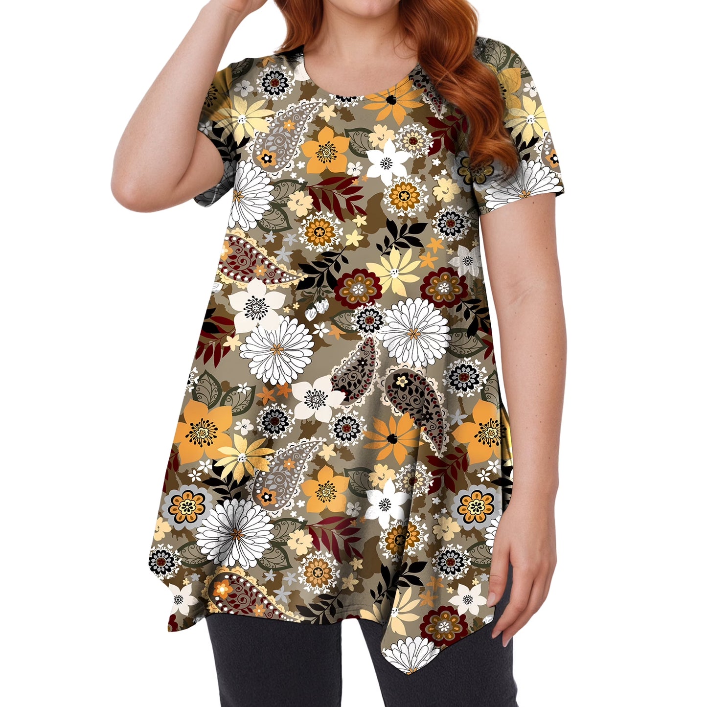 Sprinmer Womens Tunic Tops Short Sleeve Plus Size Shirts Swing Blouses Summer Red Paisley Floral Tops