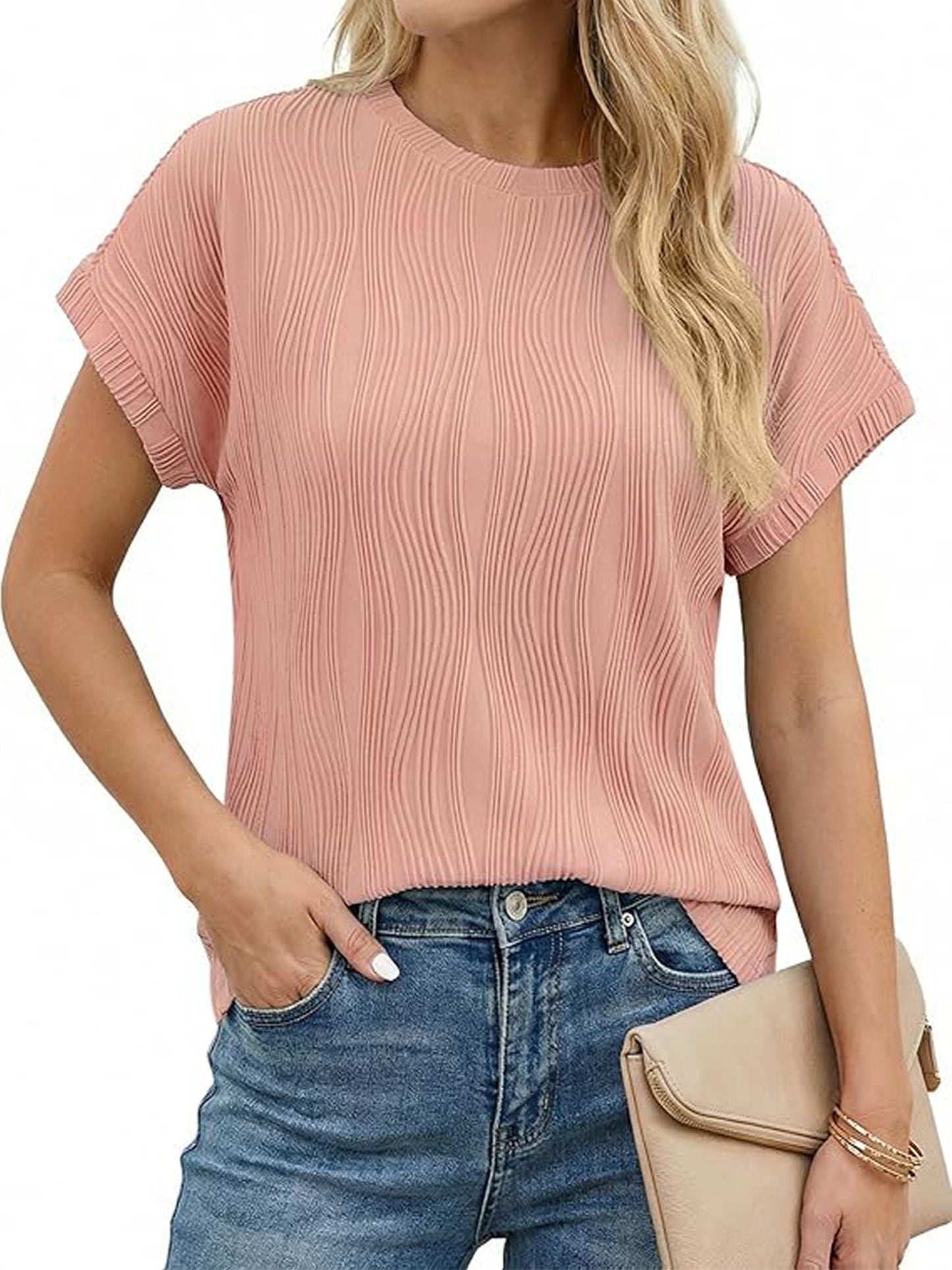 Sprinmer Womens Crewneck Textured Blouse Cap Sleeve Casual Summer Tops Solid Tee Shirt White L