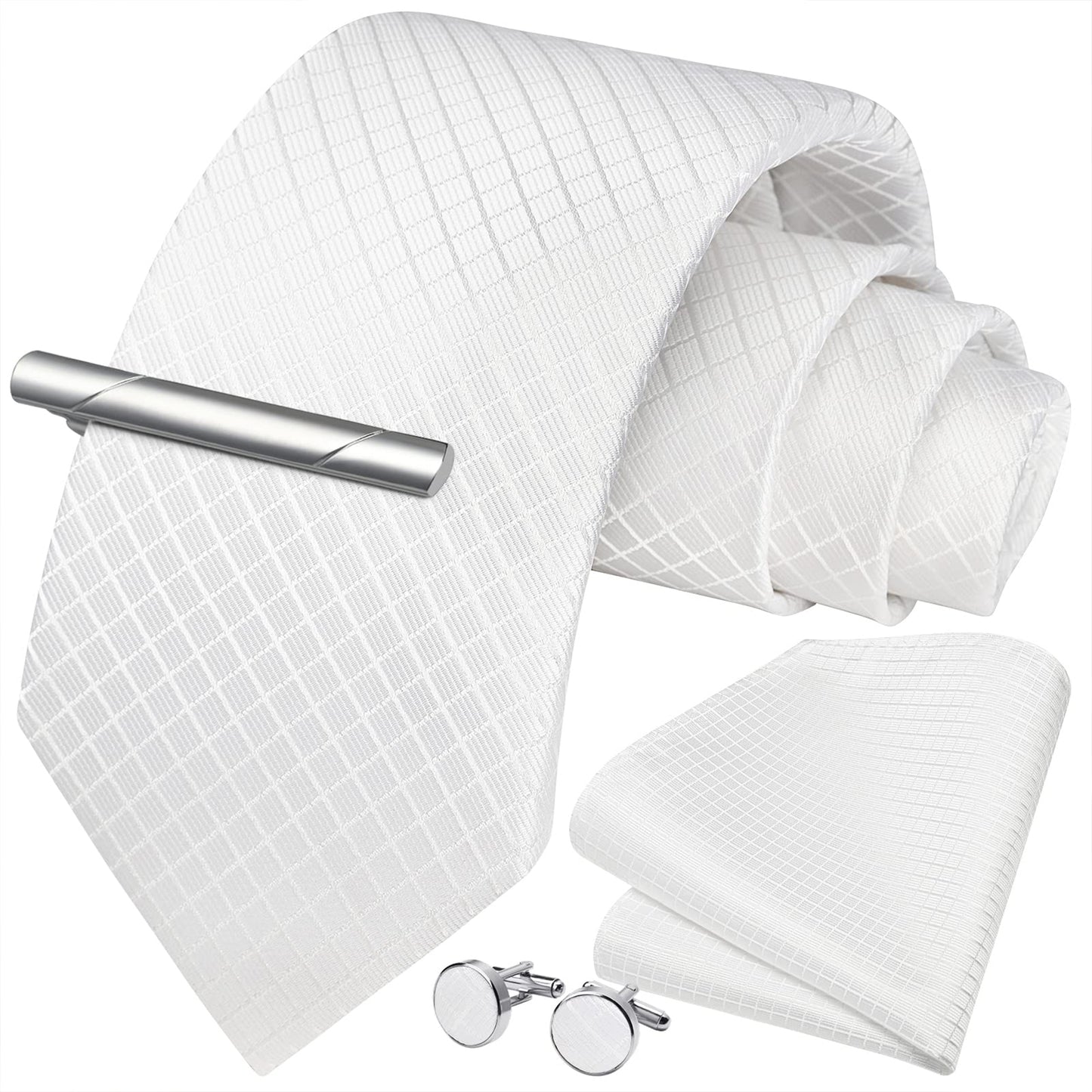 HISDERN Mens Plaid Tie Set Classic Woven Necktie with Pocket Square Cufflinks & Tie Clip Wedding