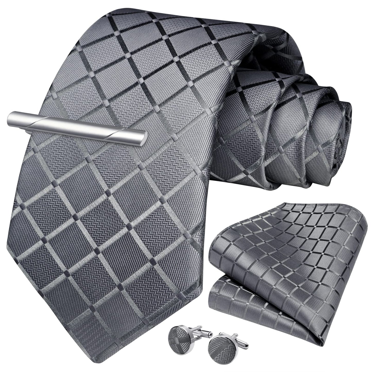 HISDERN Mens Plaid Tie Set Classic Woven Necktie with Pocket Square Cufflinks & Tie Clip Wedding