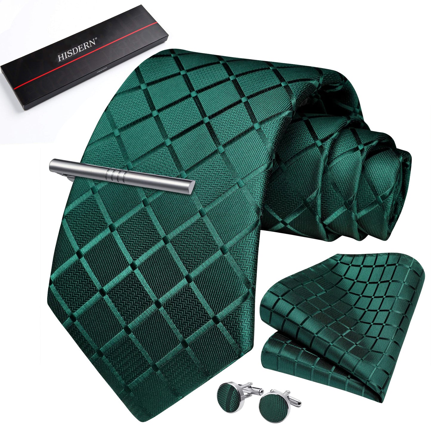 HISDERN Mens Plaid Tie Set Classic Woven Necktie with Pocket Square Cufflinks & Tie Clip Wedding