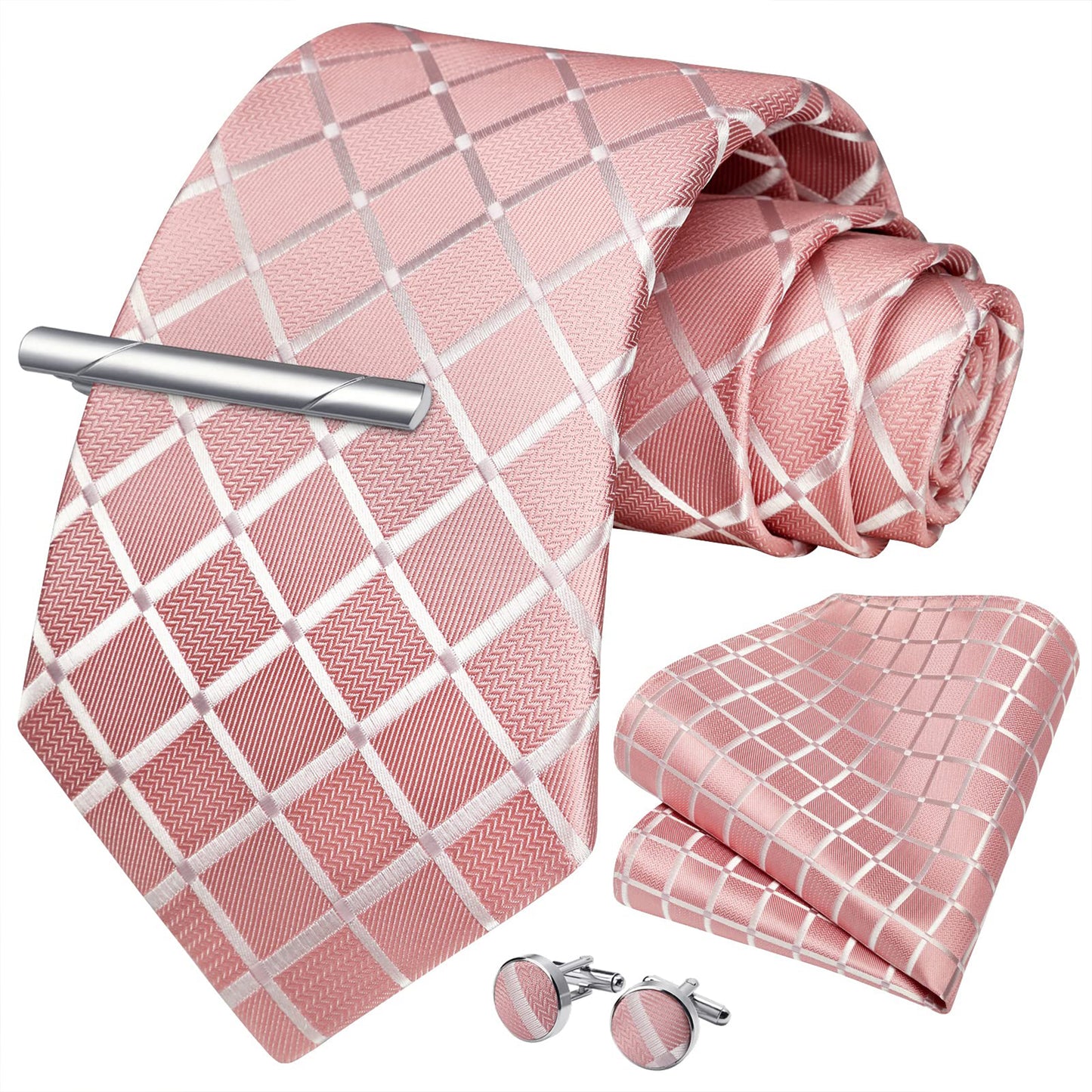 HISDERN Mens Plaid Tie Set Classic Woven Necktie with Pocket Square Cufflinks & Tie Clip Wedding