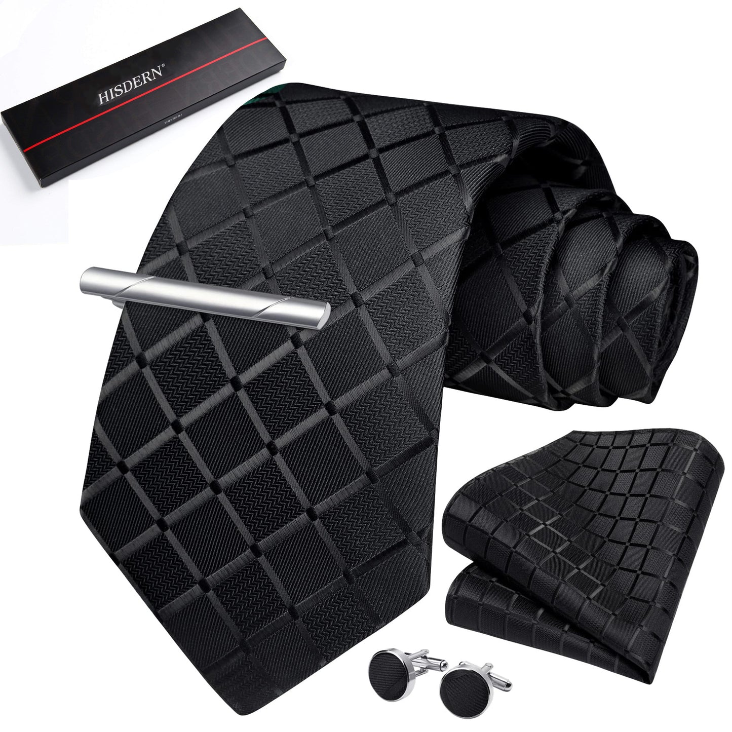 HISDERN Mens Plaid Tie Set Classic Woven Necktie with Pocket Square Cufflinks & Tie Clip Wedding