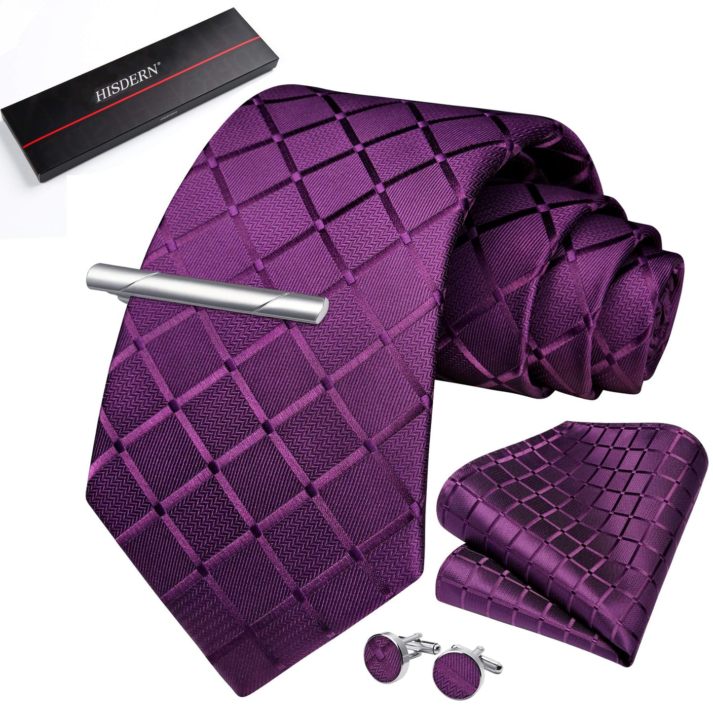 HISDERN Mens Plaid Tie Set Classic Woven Necktie with Pocket Square Cufflinks & Tie Clip Wedding