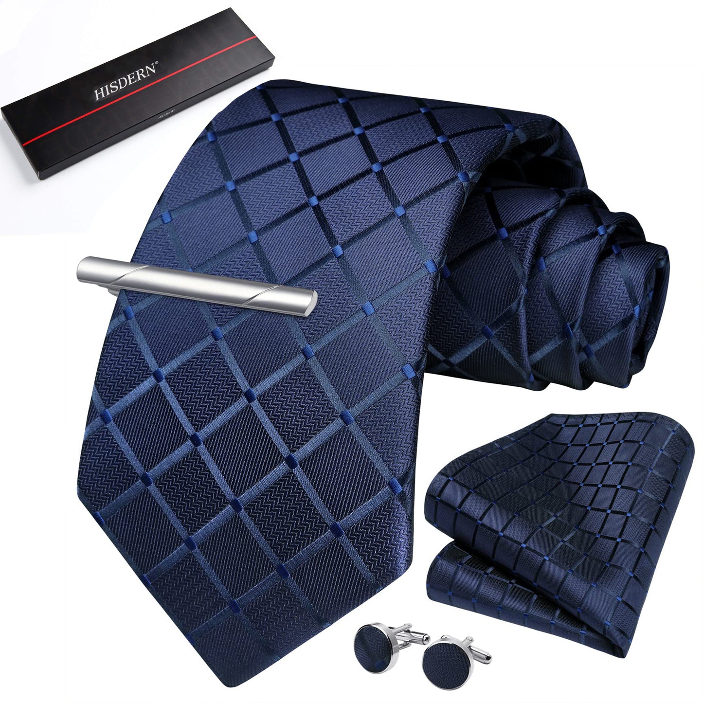 HISDERN Mens Plaid Tie Set Classic Woven Necktie with Pocket Square Cufflinks & Tie Clip Wedding