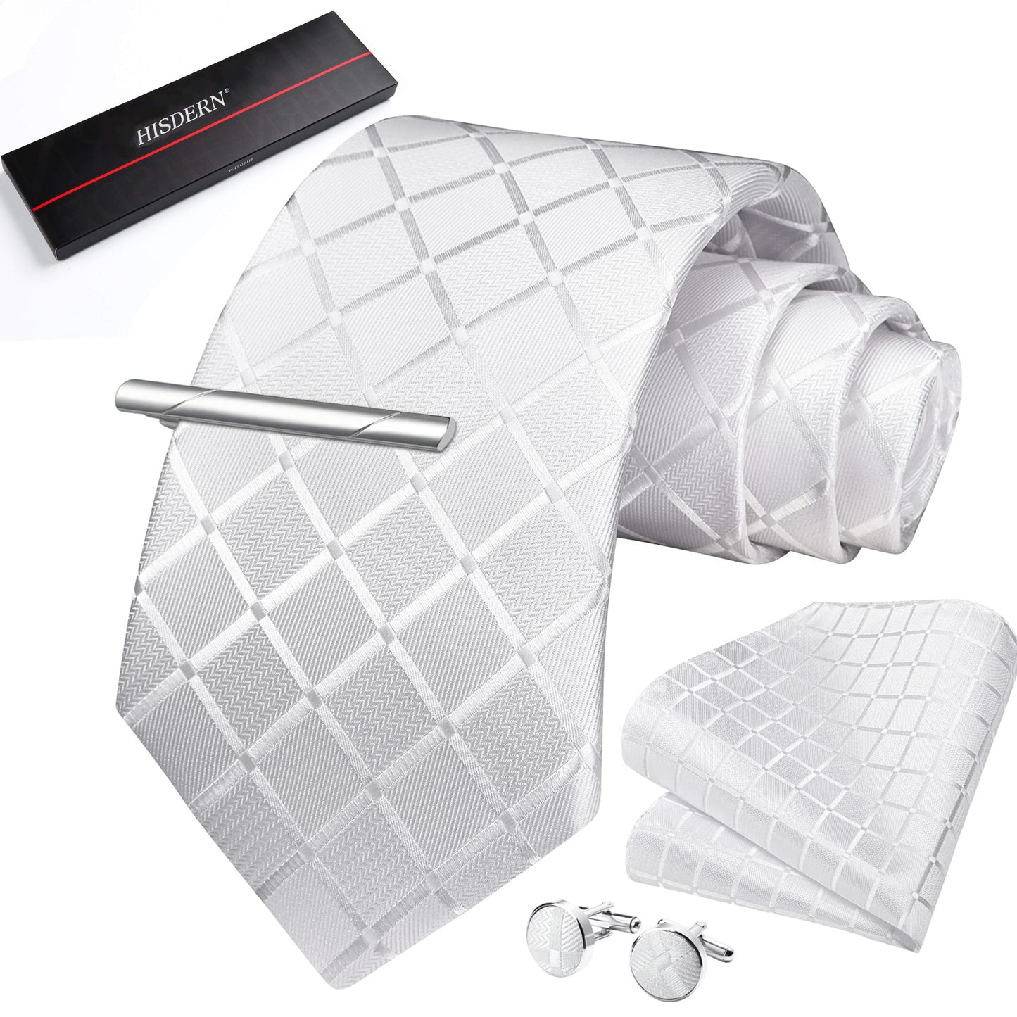 HISDERN Mens Plaid Tie Set Classic Woven Necktie with Pocket Square Cufflinks & Tie Clip Wedding