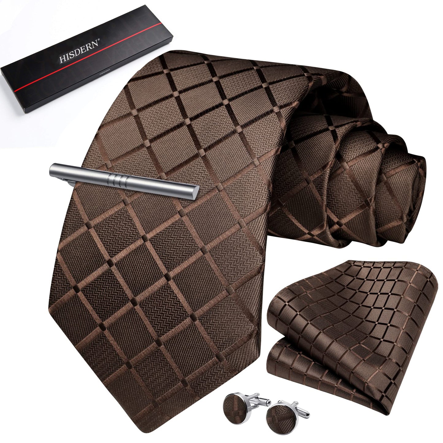 HISDERN Mens Plaid Tie Set Classic Woven Necktie with Pocket Square Cufflinks & Tie Clip Wedding