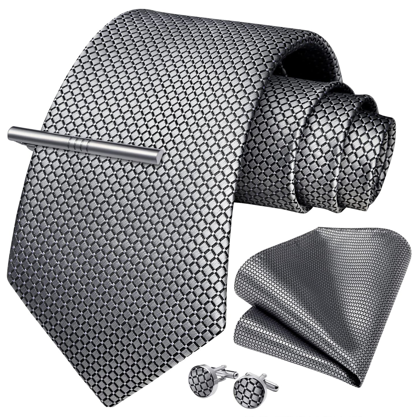 HISDERN Mens Plaid Tie Set Classic Woven Necktie with Pocket Square Cufflinks & Tie Clip Wedding