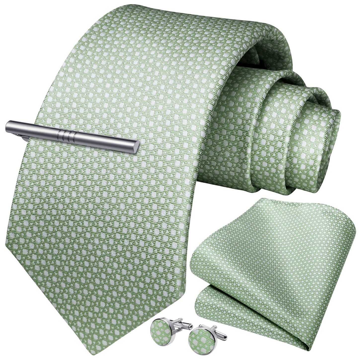 HISDERN Mens Plaid Tie Set Classic Woven Necktie with Pocket Square Cufflinks & Tie Clip Wedding