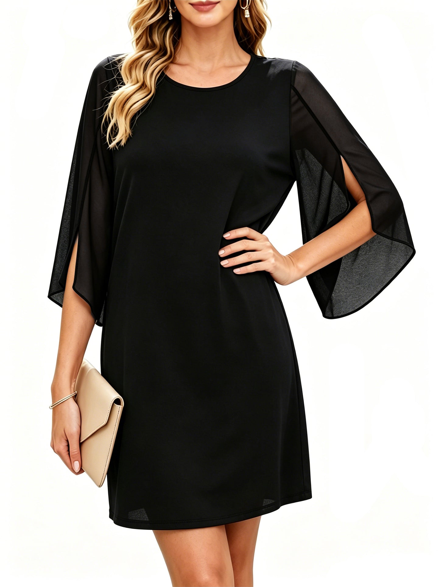 Women Summer Dresses Bell Sleeve Casual Flowy Sundresses Crew Neck Cocktail Midi Dress Black