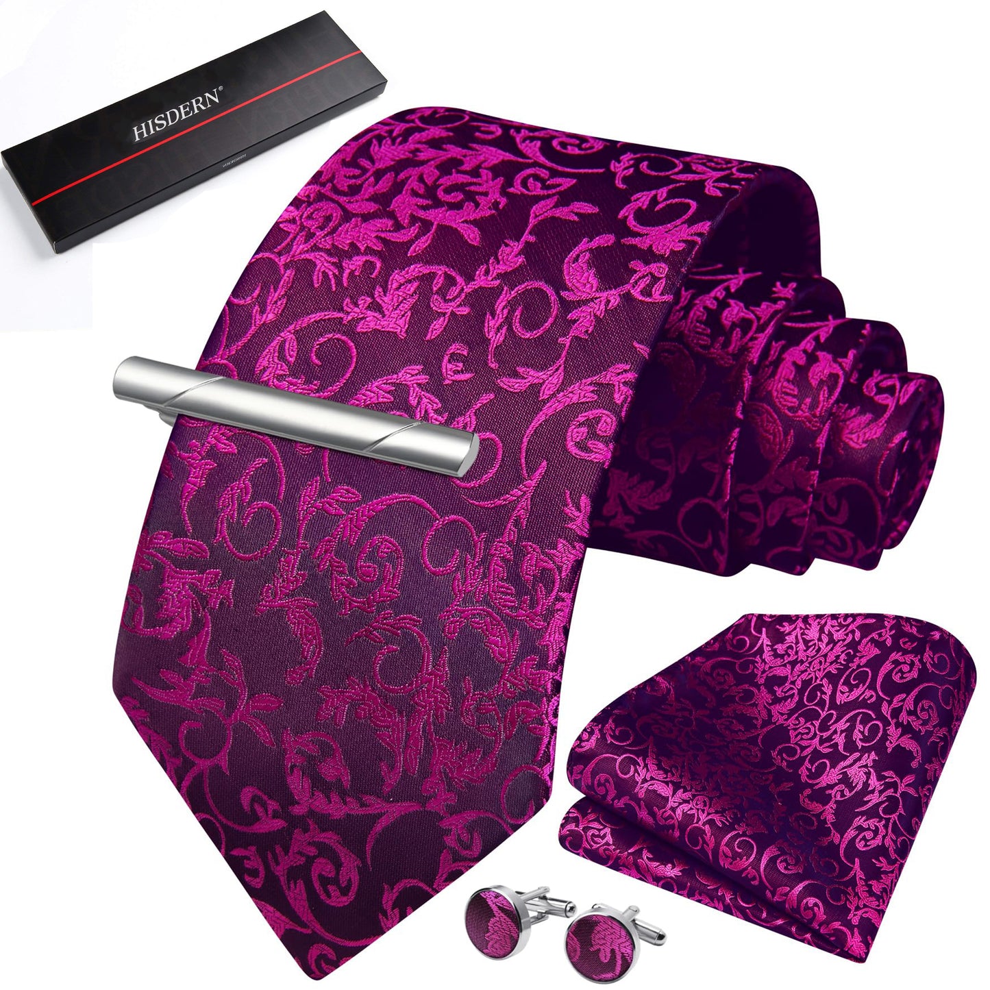 HISDERN Mens Plaid Tie Set Classic Woven Necktie with Pocket Square Cufflinks & Tie Clip Wedding