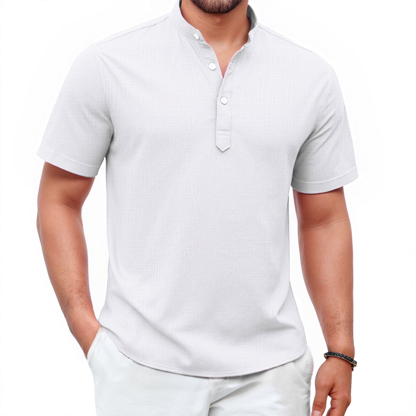 Mens Cotton Linen Henley Shirt Short Sleeve Casual Summer Beach Hippie Tee for Vacation