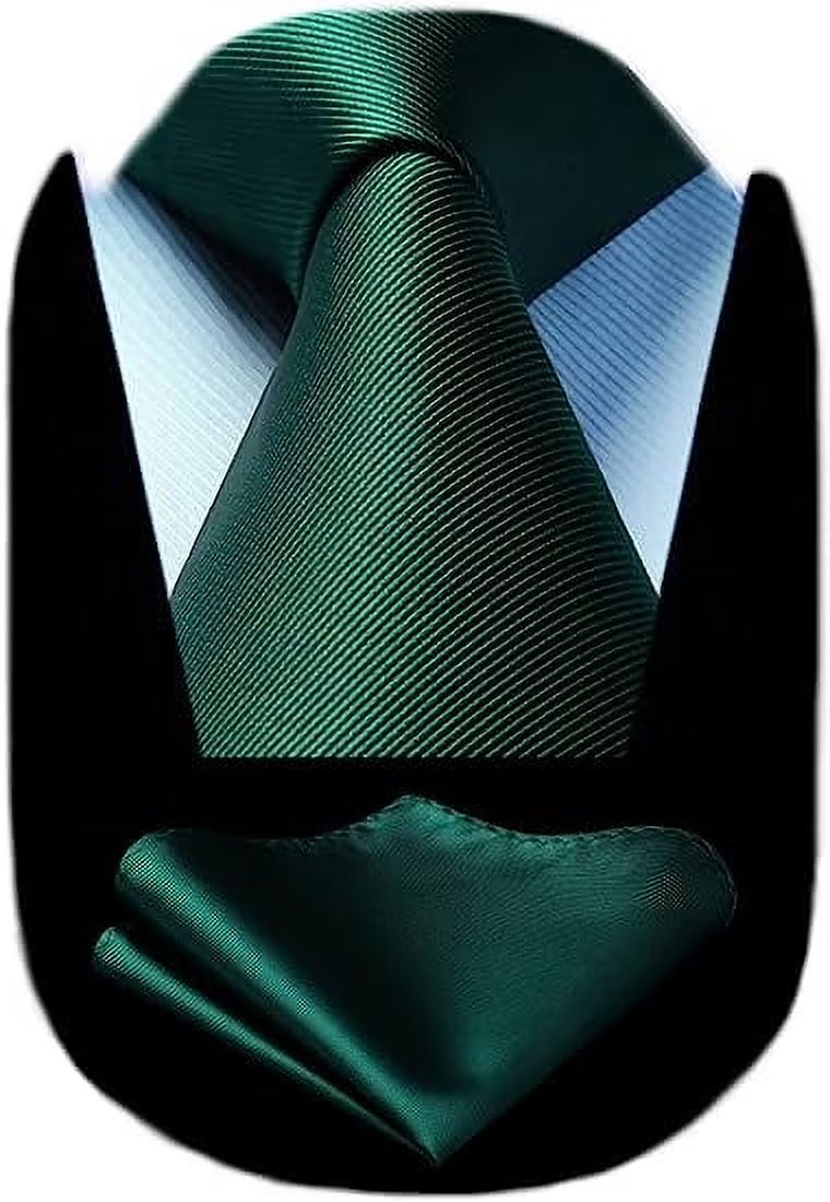 HISDERN Solid Color Ties for Men Business Tie and Pocket Square Set Classic Satin Mens Wedding Necktie,green Emerald Dark