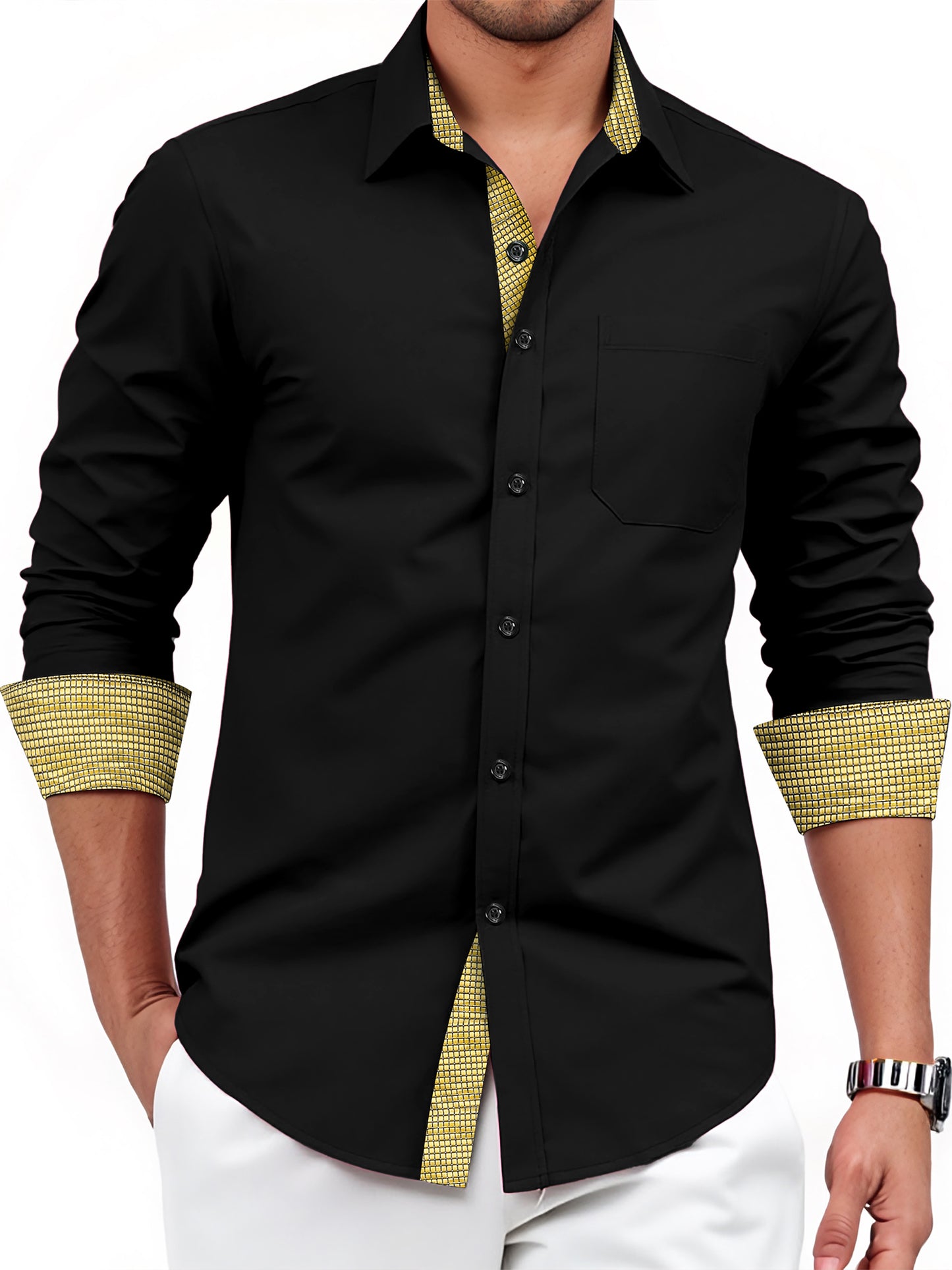 Mens Long Sleeve Dress Shirt Regular Fit Button Down with Inner Contrast for Weddings Business