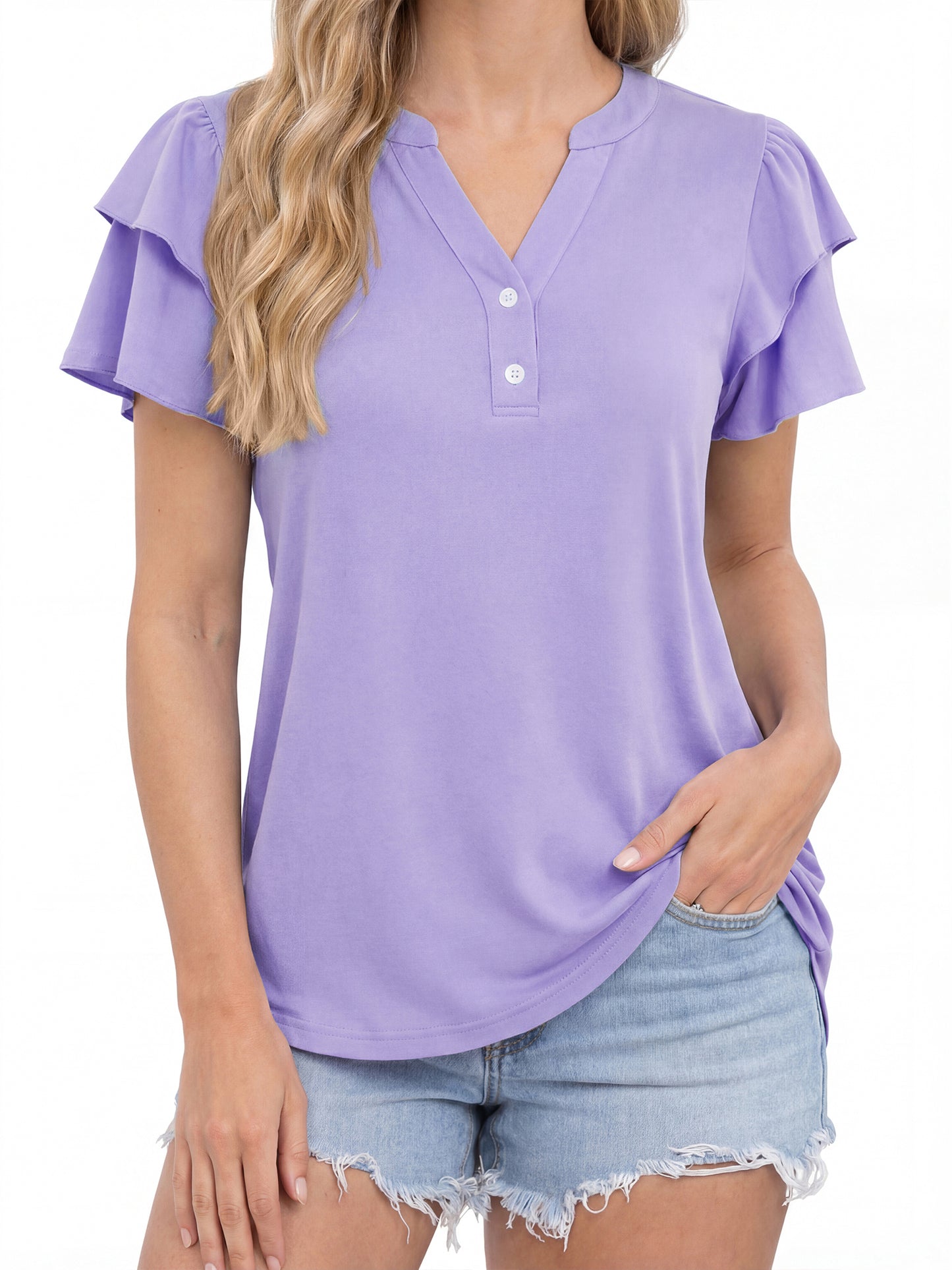 Sprinmer Womens Tops Dressy Casual Ruffle Short Sleeve V Neck Blouses Summer Button Down Business Work Elegant Shirts
