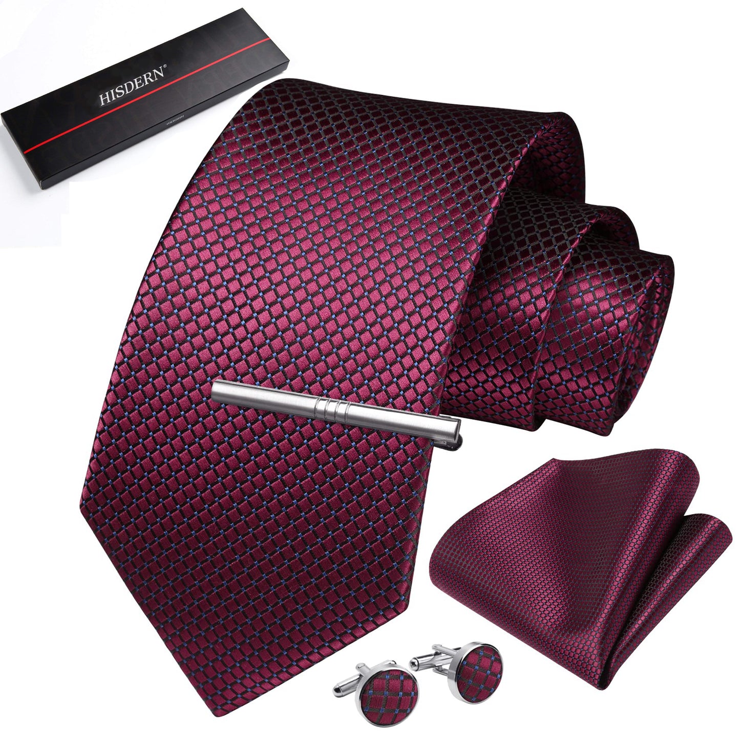 HISDERN Mens Plaid Tie Set Classic Woven Necktie with Pocket Square Cufflinks & Tie Clip Wedding