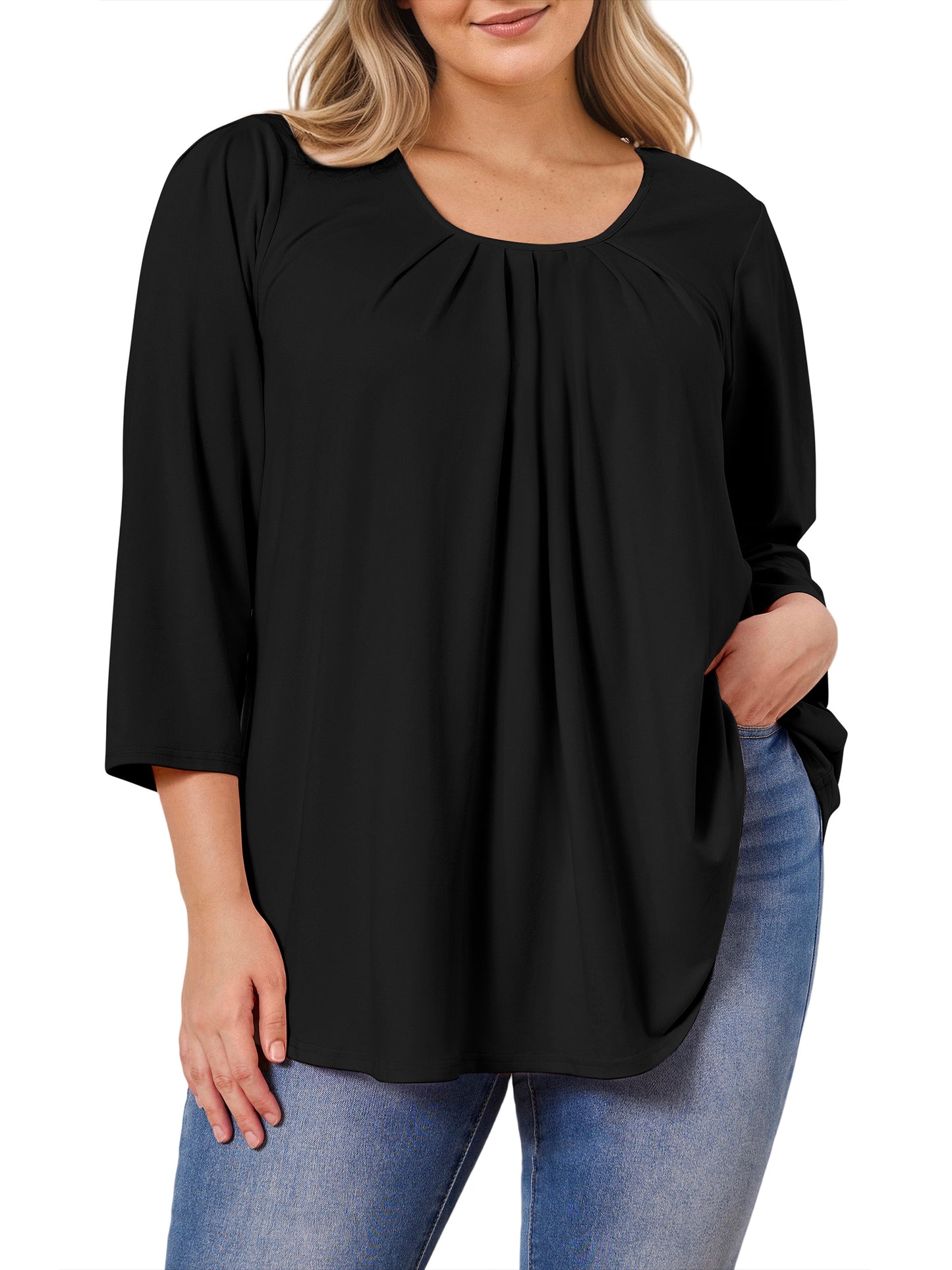 Sprinmer Plus Size Tops for Women Casual 3/4 Sleeve Blouses Loose Fit Pleated Tie-Dye Blue Shirt