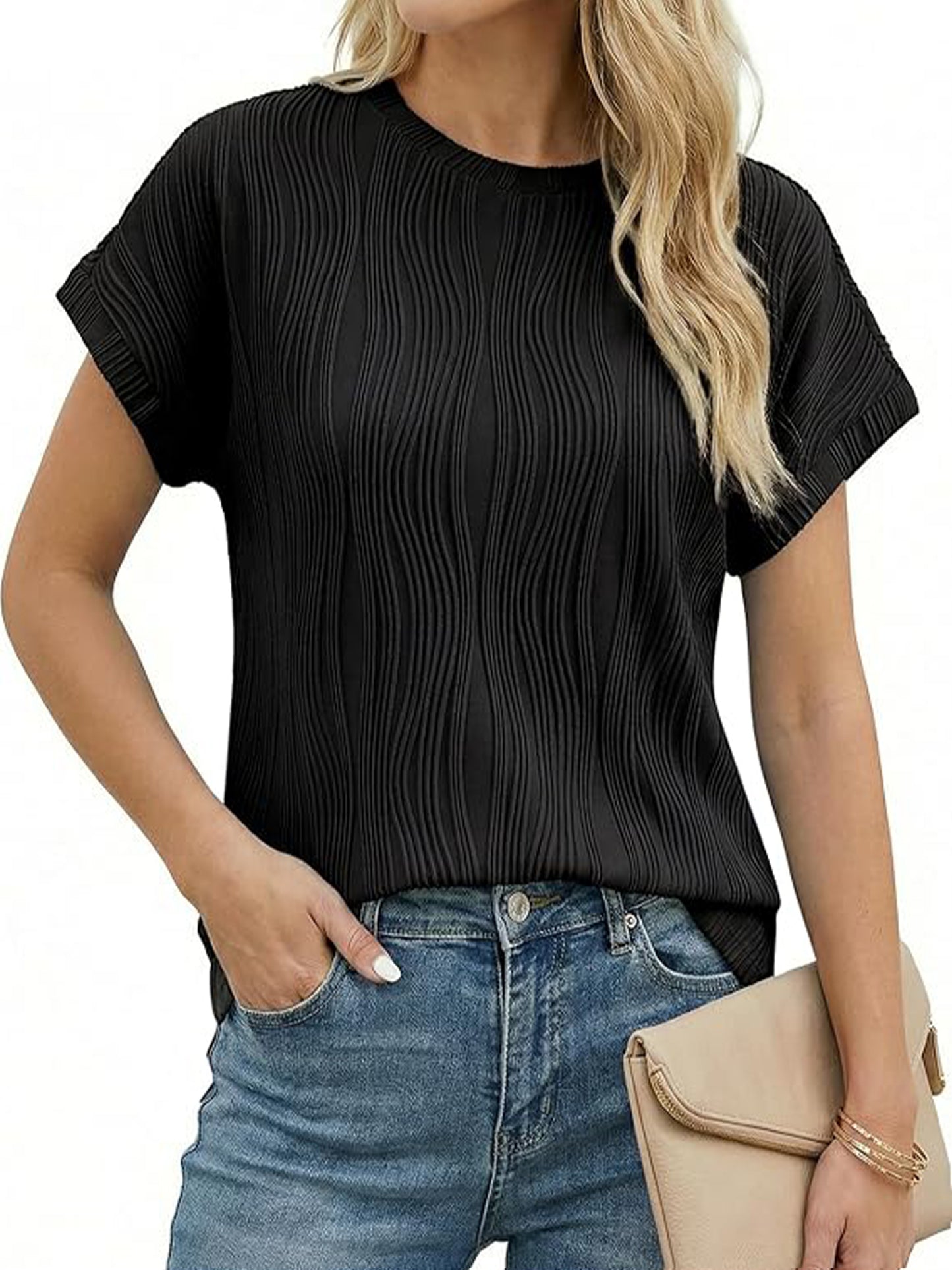 Sprinmer Womens Crewneck Textured Blouse Cap Sleeve Casual Summer Tops Solid Tee Shirt White L