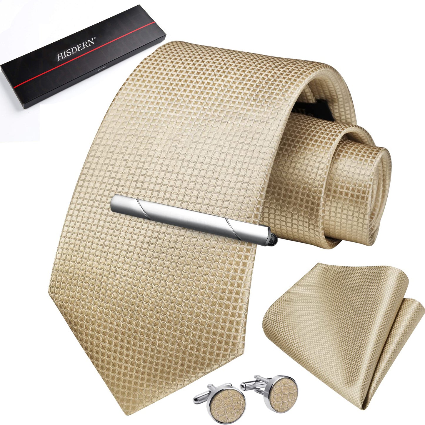HISDERN Mens Plaid Tie Set Classic Woven Necktie with Pocket Square Cufflinks & Tie Clip Wedding