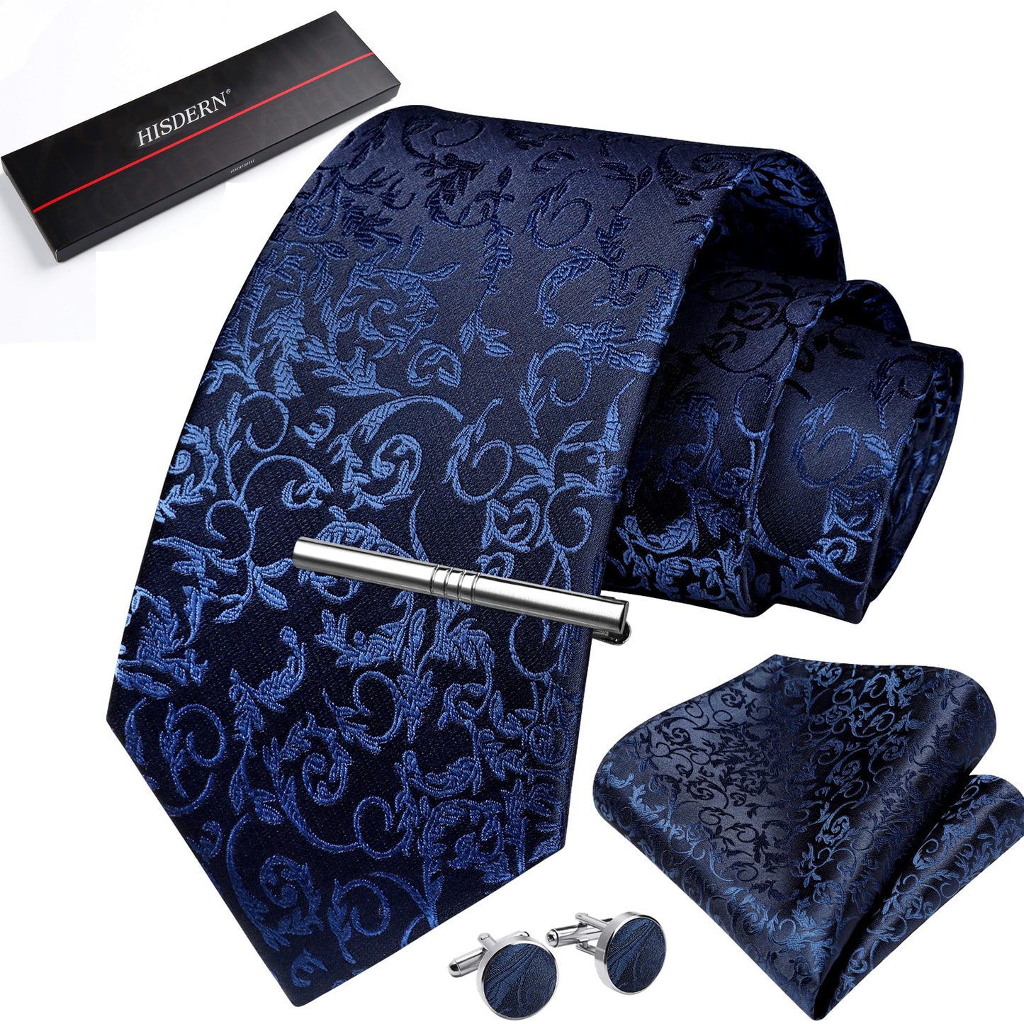 HISDERN Mens Plaid Tie Set Classic Woven Necktie with Pocket Square Cufflinks & Tie Clip Wedding