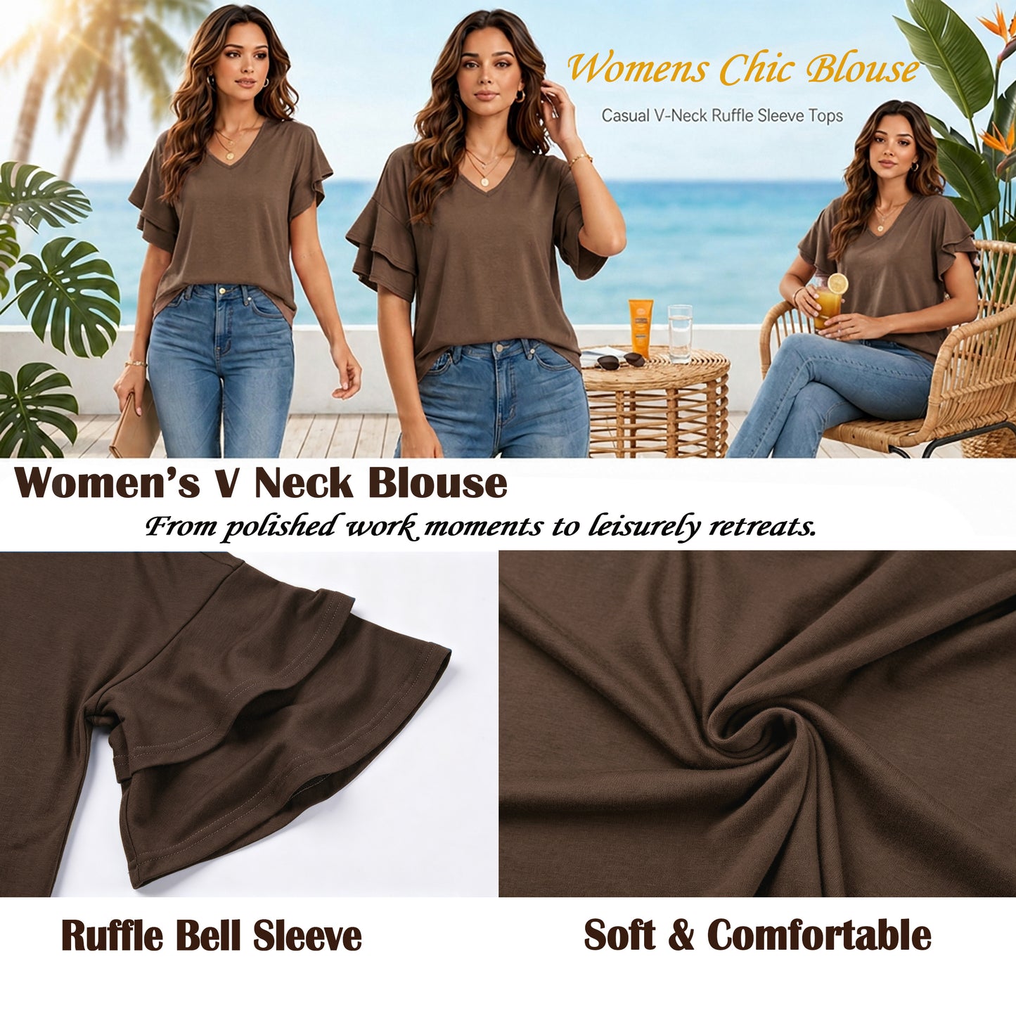 Sprinmer Summer Tops for Women Ruffle 3/4 Sleeve V Neck Top Double Tiered Bell Casual Dressy Blouses