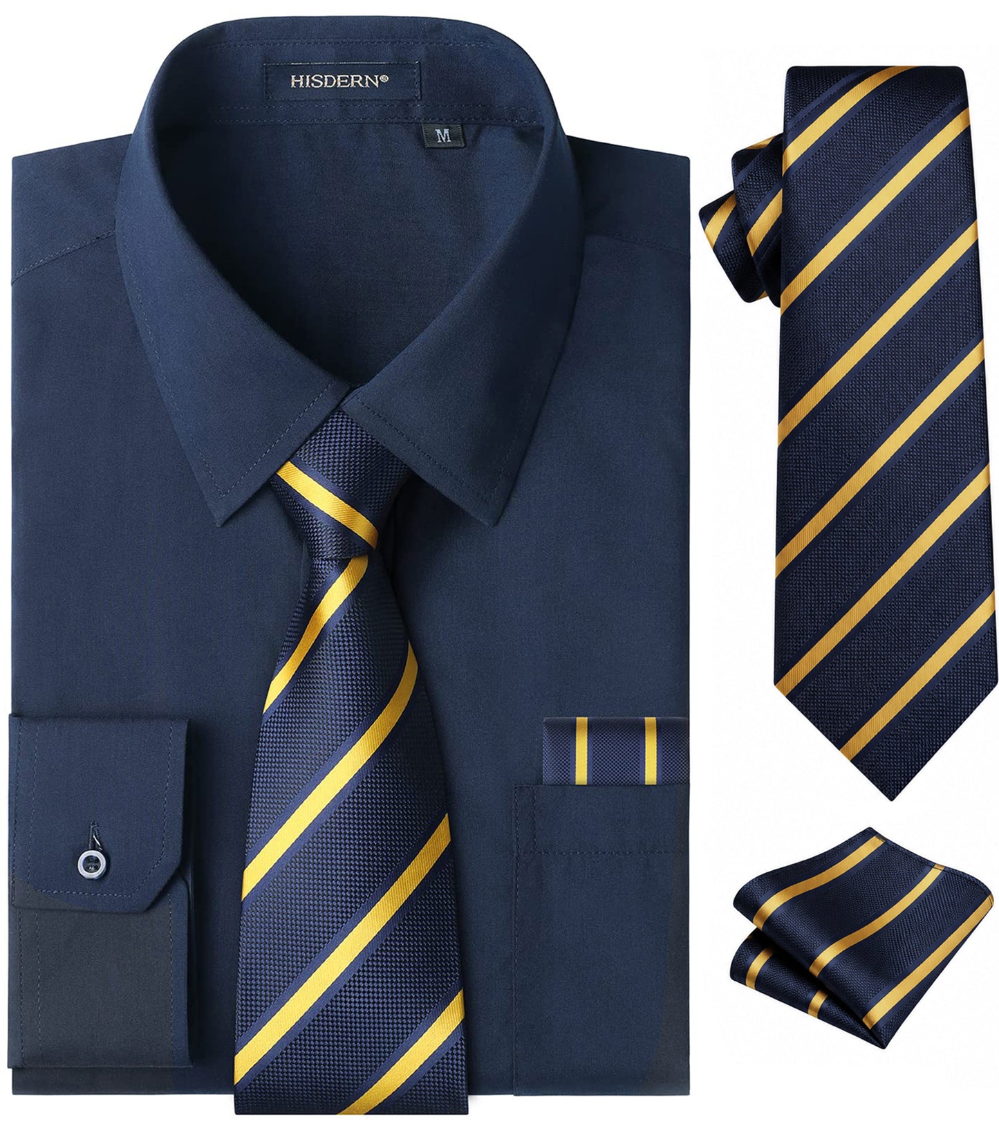 HISDERN Mens Solid Dress Shirt Long Sleeve with Matching Tie & Handkerchief Set Button Down Shirts
