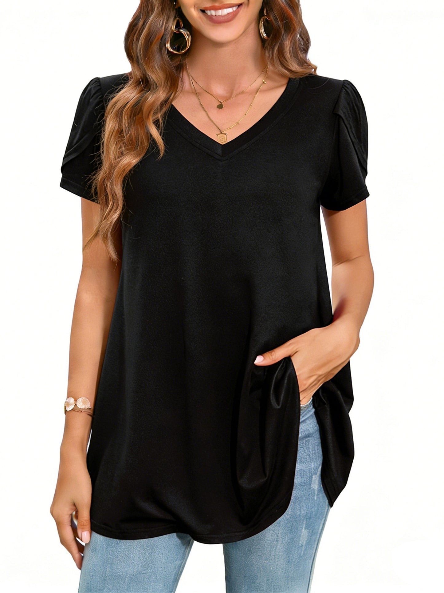 Sprinmer Womens Summer Blouses V Neck Loose Dressy Shirts Petal Short Sleeve Plus Size Tunic Tops