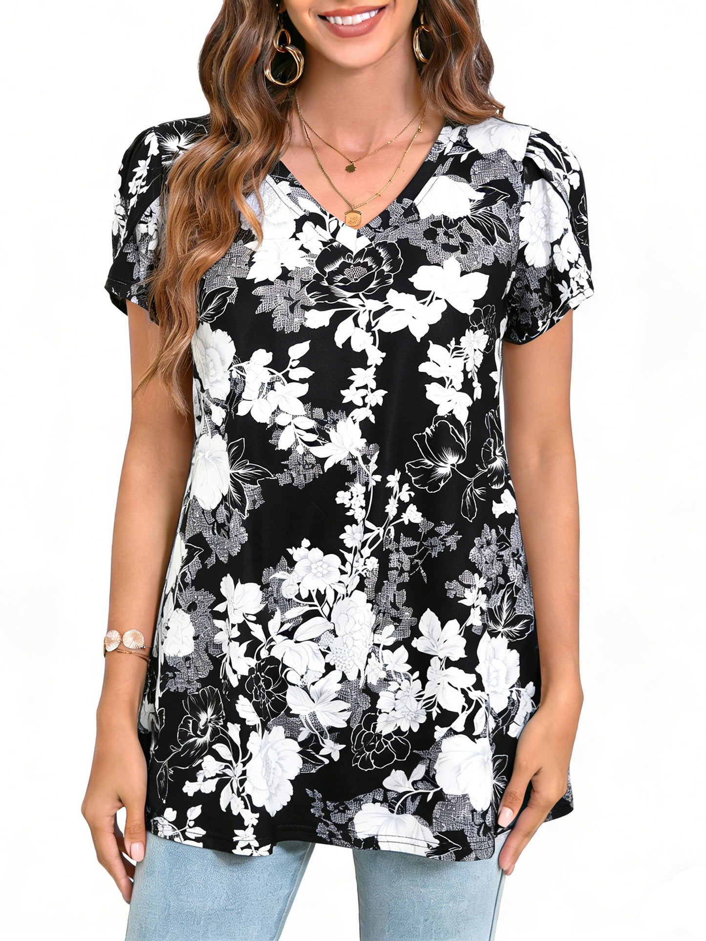 Sprinmer Womens Summer Blouses V Neck Loose Dressy Shirts Petal Short Sleeve Plus Size Tunic Tops
