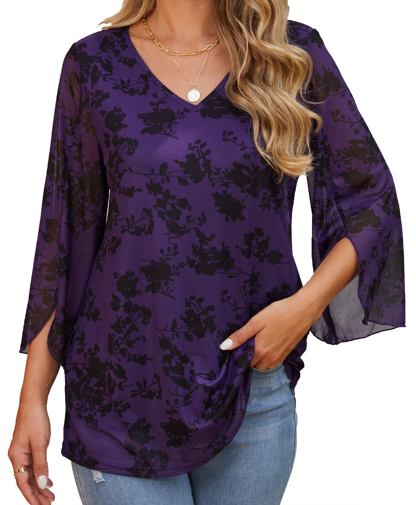Sprinmer 3/4 Sleeve Dressy Blouses for Women Ruffle Double Layers Mesh V Neck Lightweight Tunic Tops