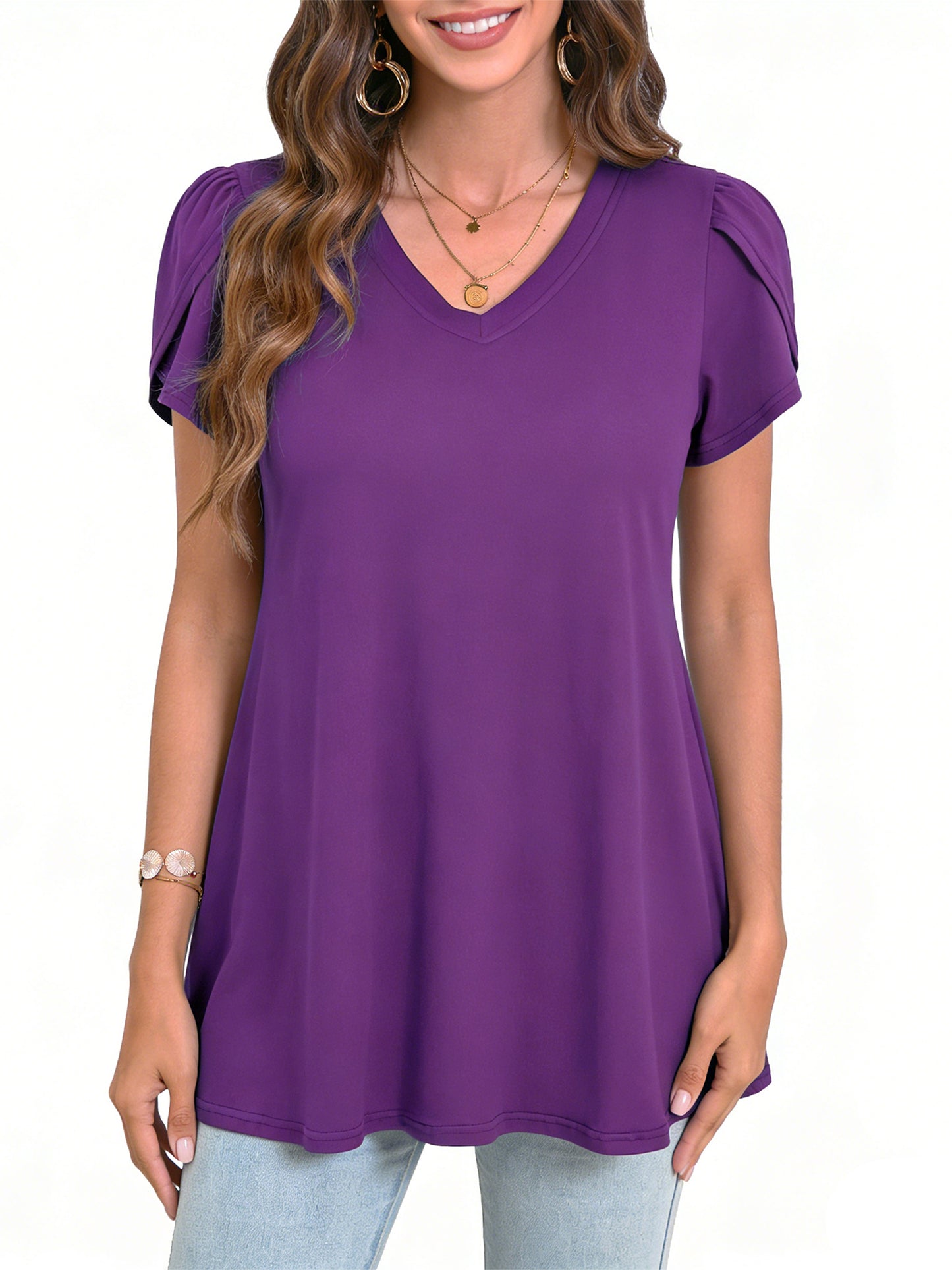 Sprinmer Womens Summer Blouses V Neck Loose Dressy Shirts Petal Short Sleeve Plus Size Tunic Tops