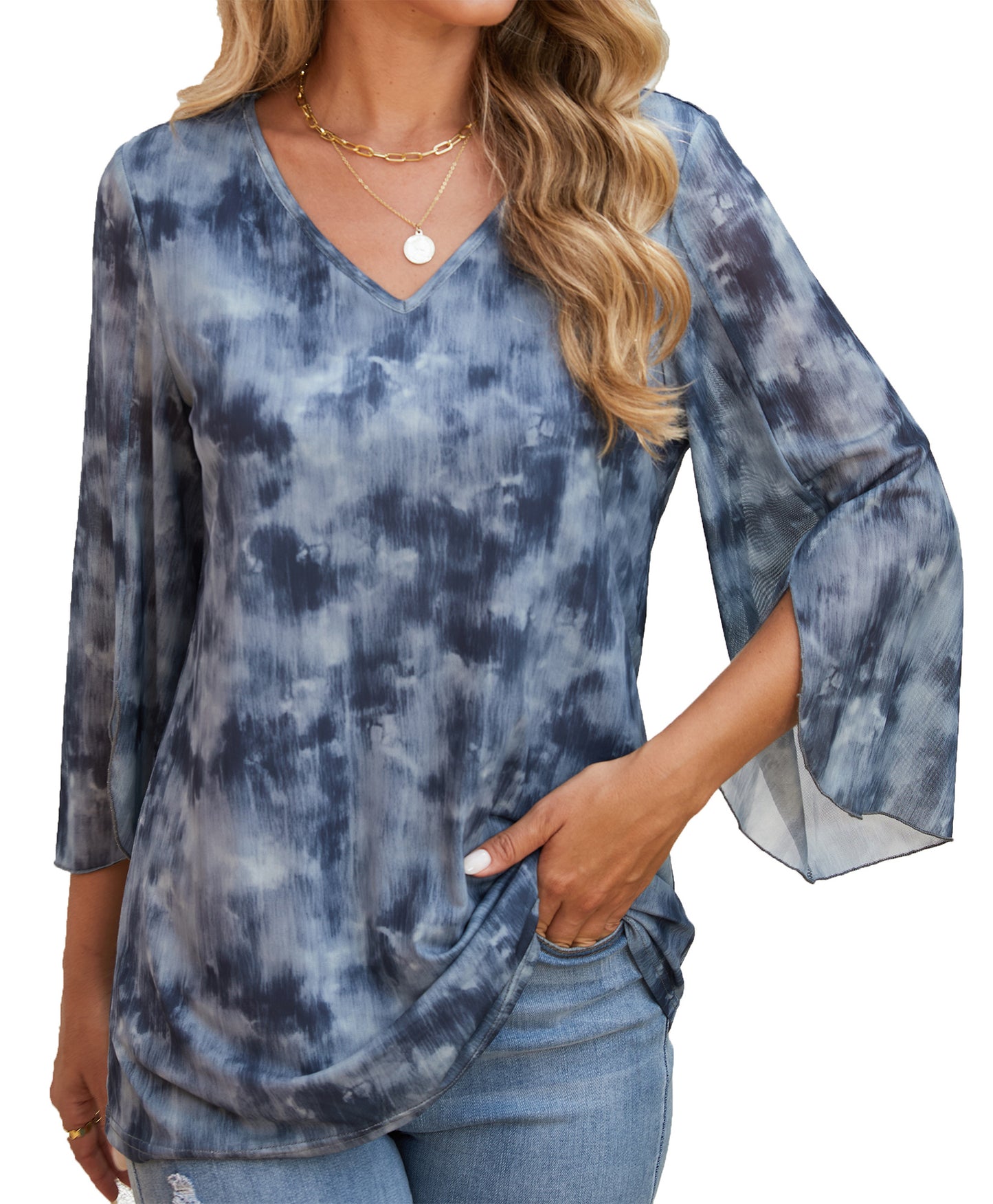 Sprinmer 3/4 Sleeve Dressy Blouses for Women Ruffle Double Layers Mesh V Neck Lightweight Tunic Tops