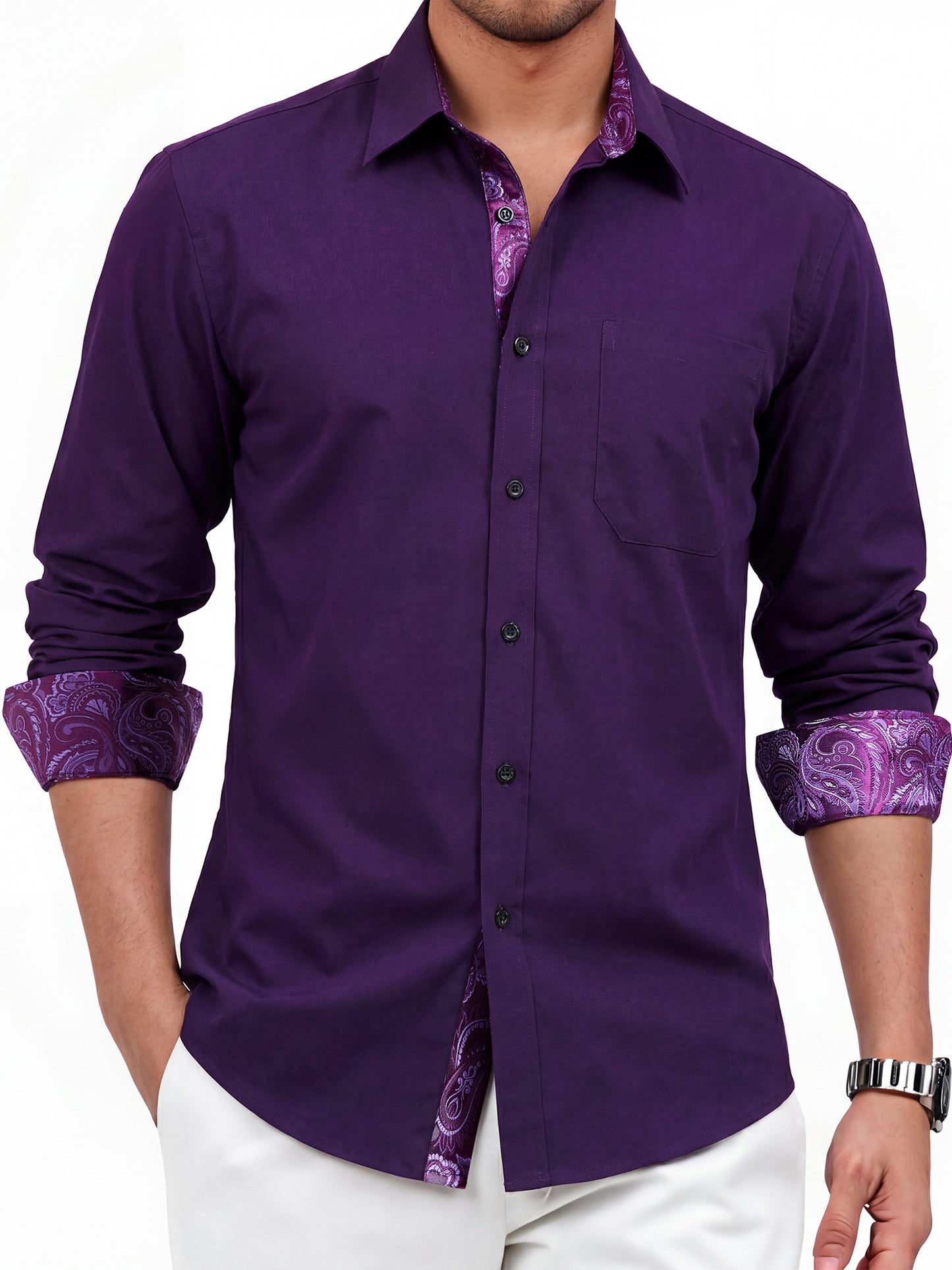 Mens Long Sleeve Dress Shirt Regular Fit Button Down with Inner Contrast for Weddings Business