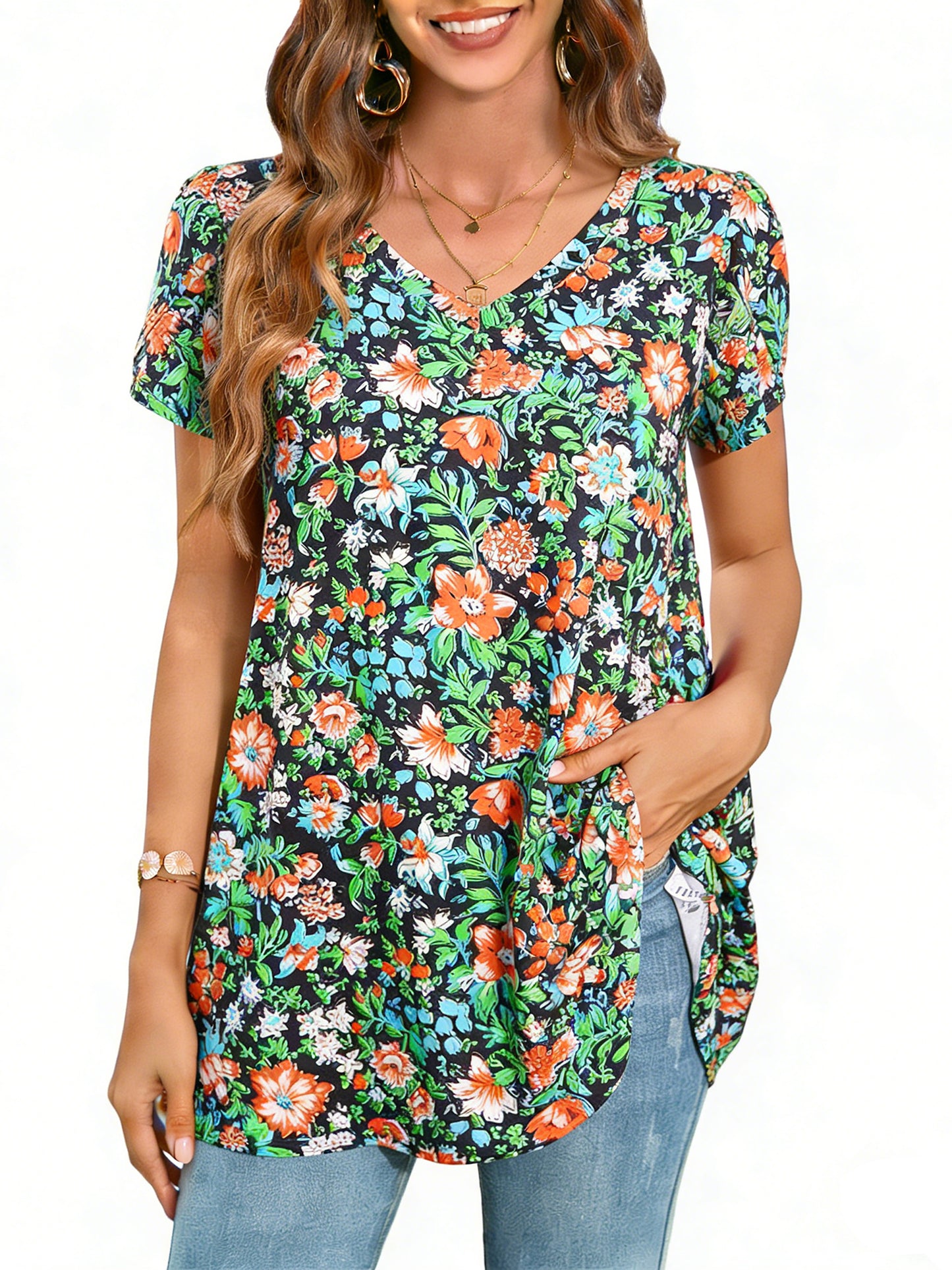 Sprinmer Womens Summer Blouses V Neck Loose Dressy Shirts Petal Short Sleeve Plus Size Tunic Tops