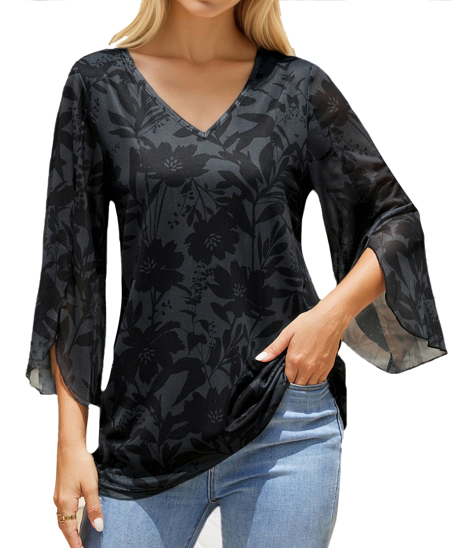 Sprinmer 3/4 Sleeve Dressy Blouses for Women Ruffle Double Layers Mesh V Neck Lightweight Tunic Tops