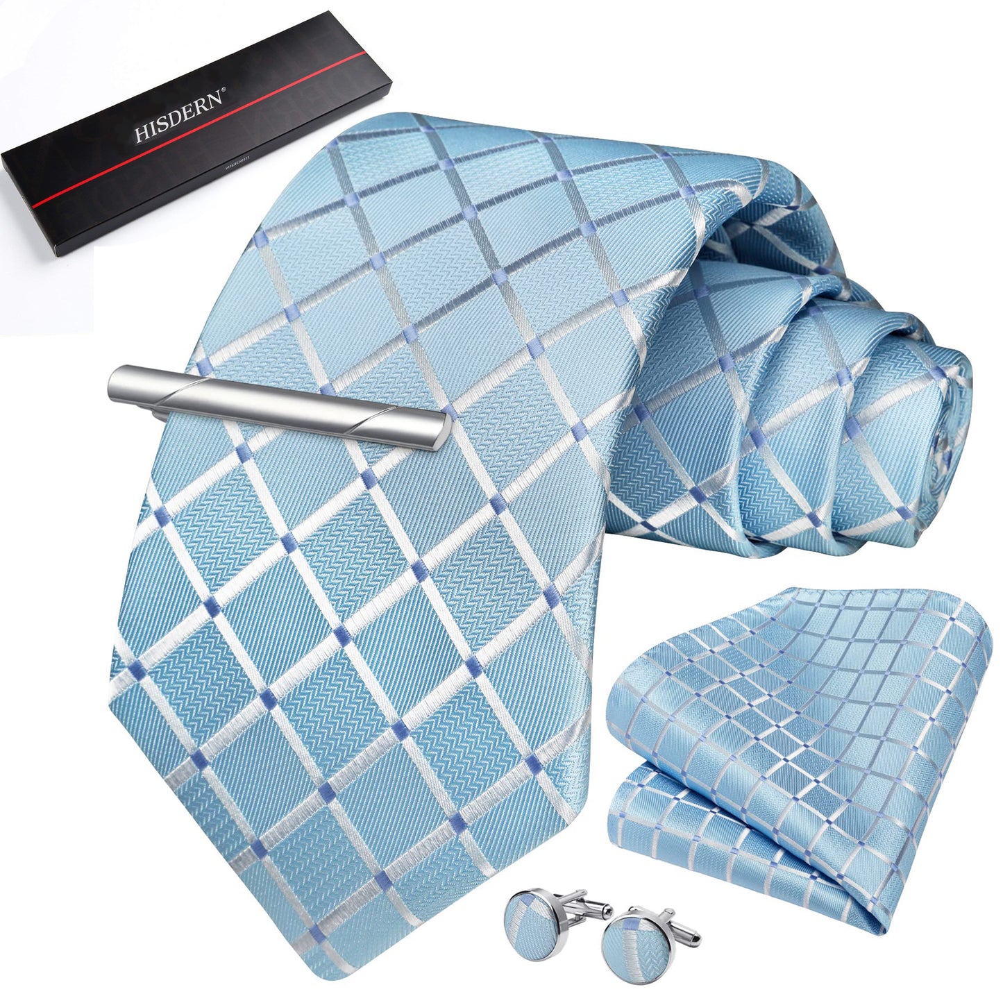 HISDERN Mens Plaid Tie Set Classic Woven Necktie with Pocket Square Cufflinks & Tie Clip Wedding