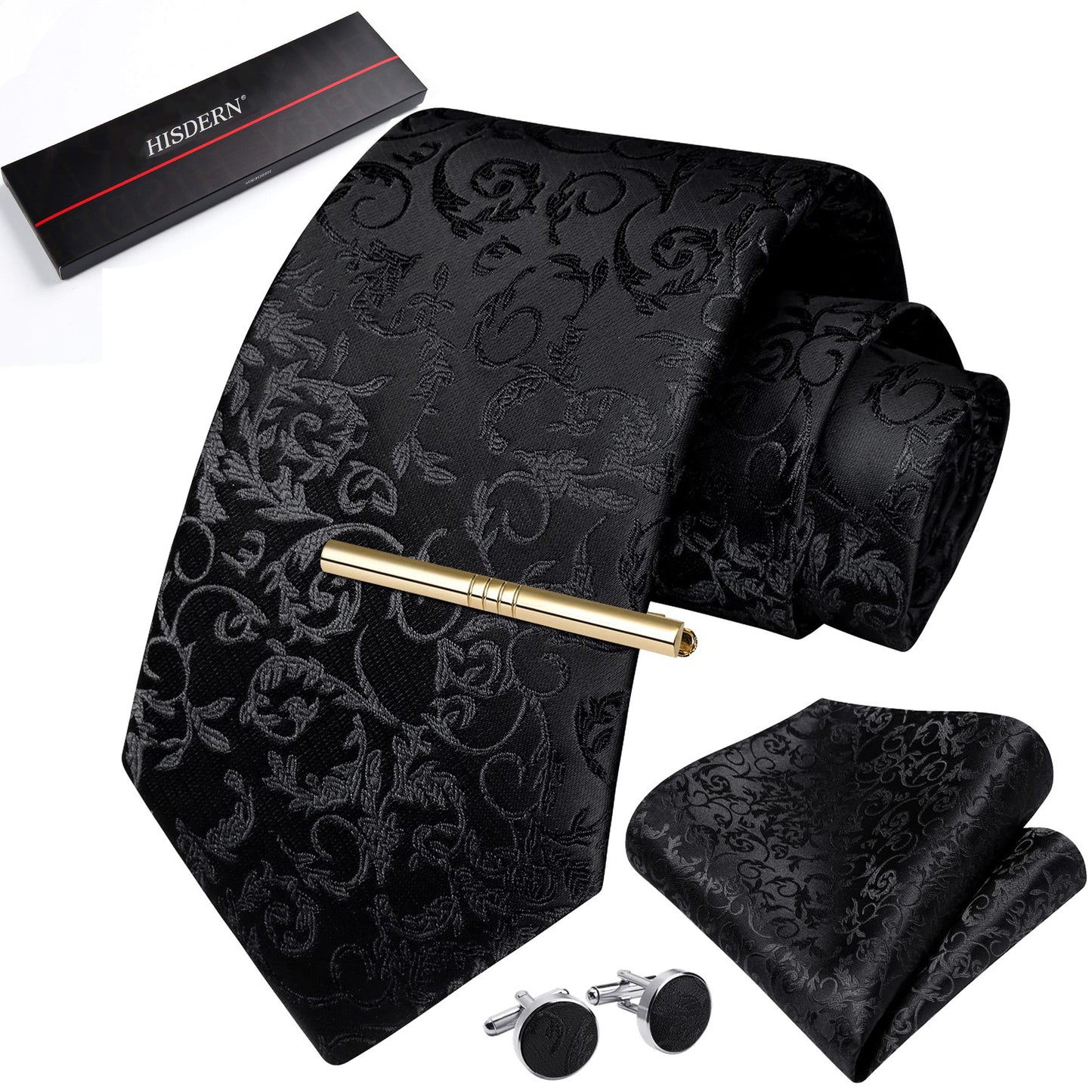 HISDERN Mens Plaid Tie Set Classic Woven Necktie with Pocket Square Cufflinks & Tie Clip Wedding