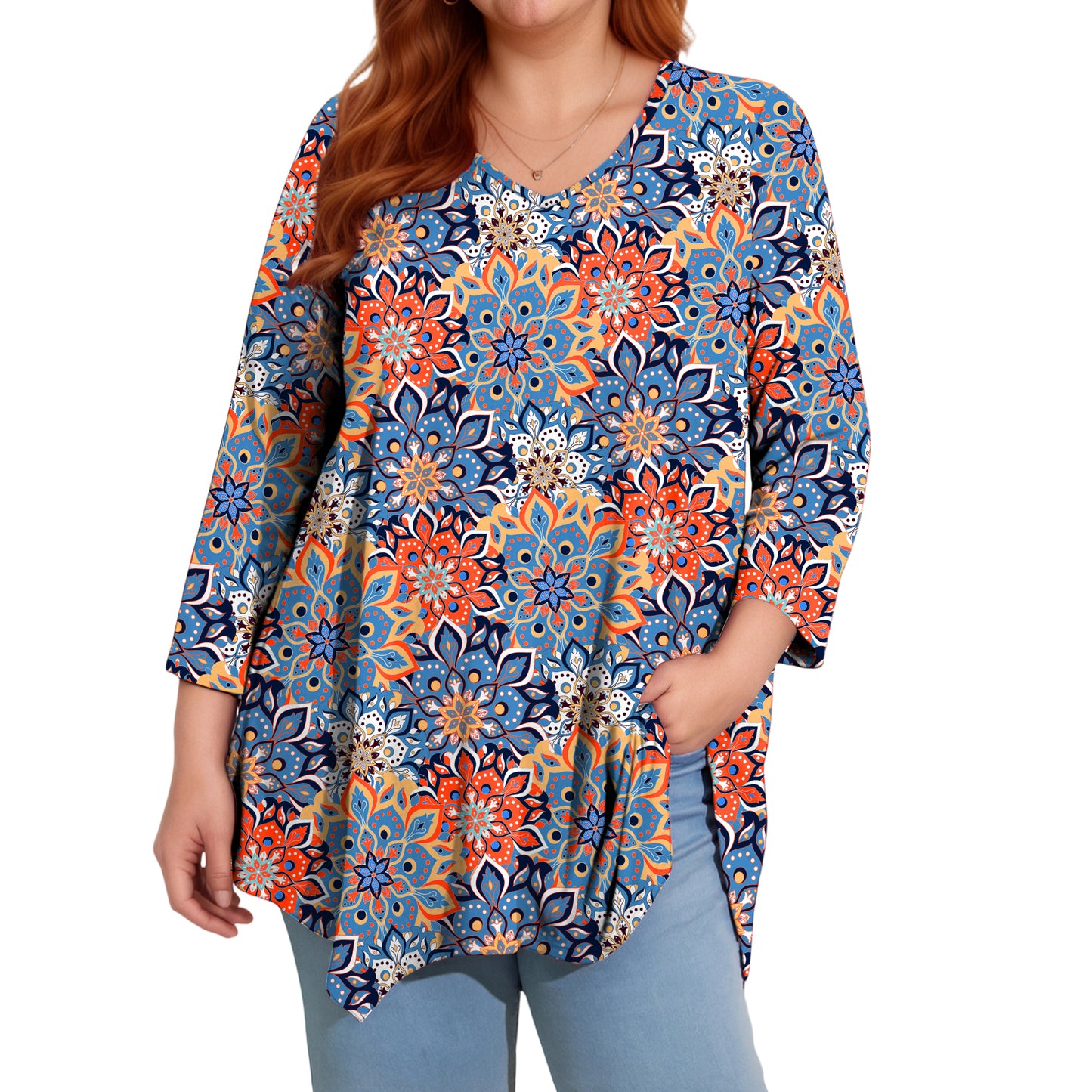 Sprinmer Womens Plus Size Blouses Casual 3/4 Sleeve Loose Fit Paisley Shirts for Leggings